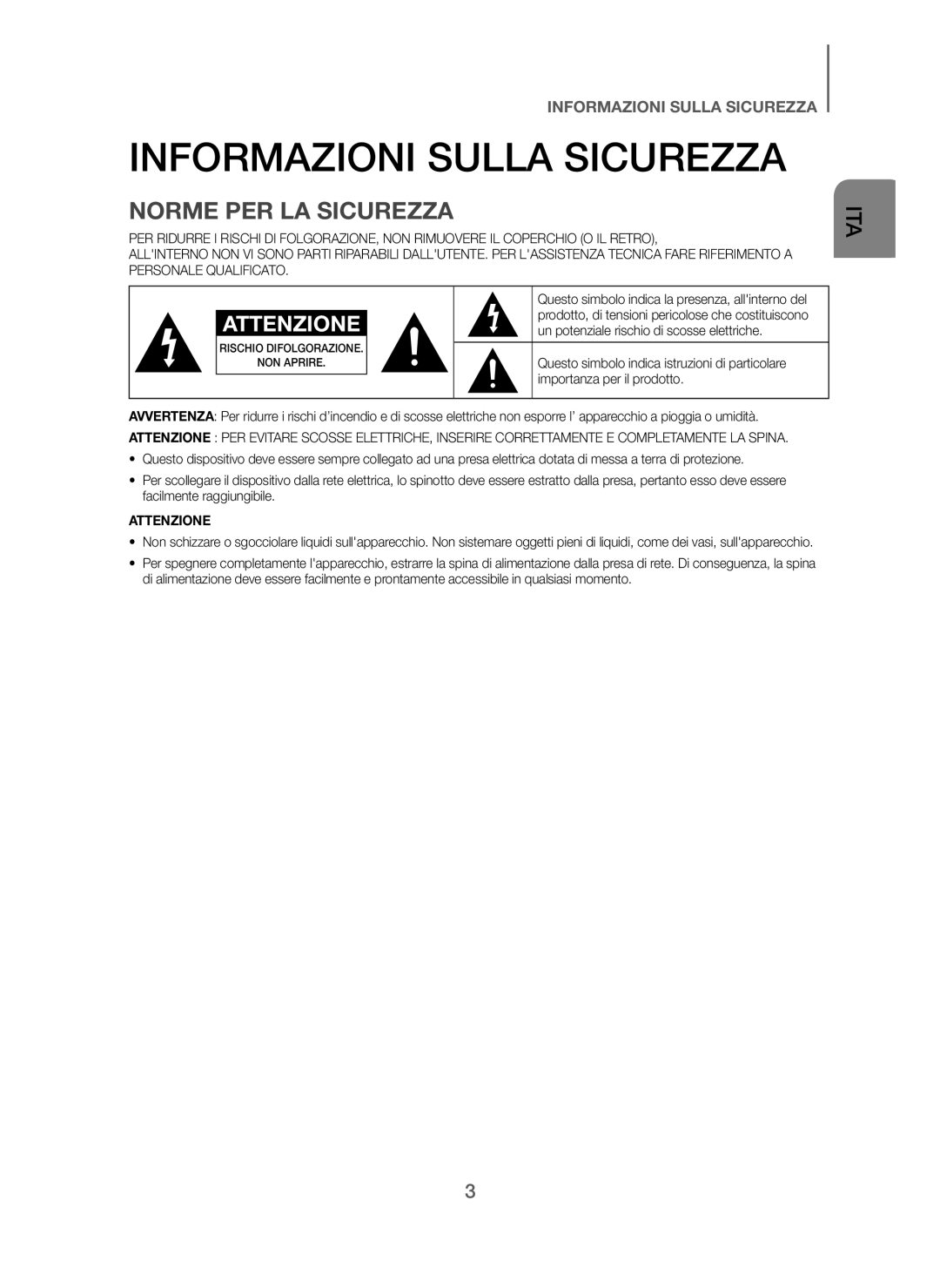 Samsung HW-J250/EN manual Informazioni Sulla Sicurezza, Norme PER LA Sicurezza 