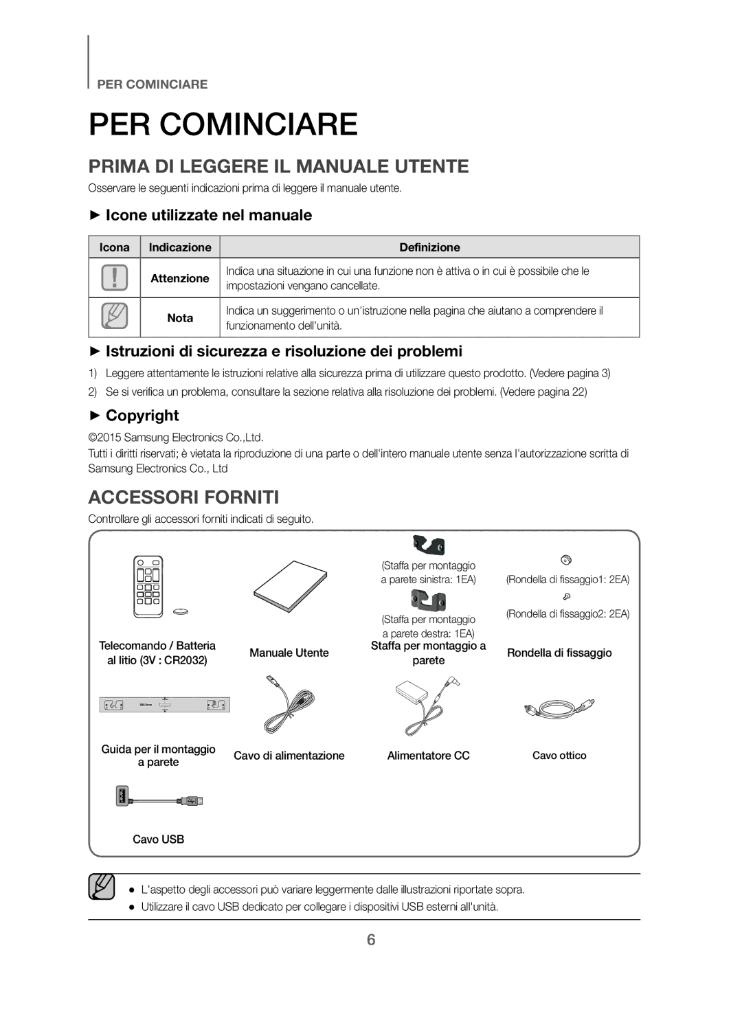 Samsung HW-J250/EN PER Cominciare, Prima DI Leggere IL Manuale Utente, Accessori Forniti, + Icone utilizzate nel manuale 