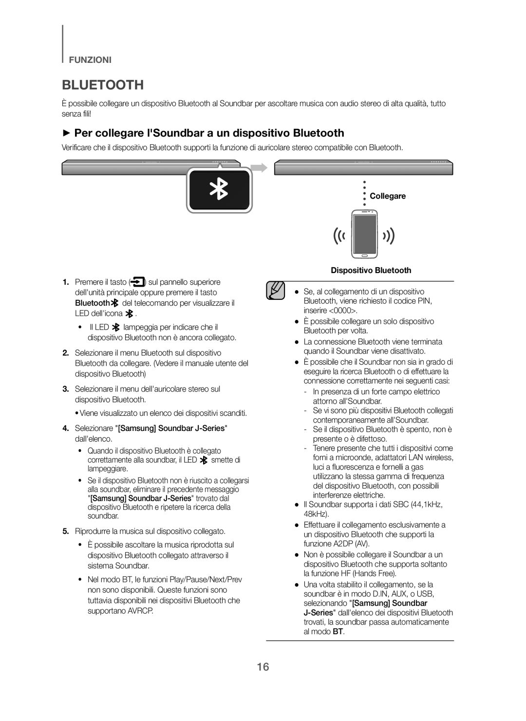 Samsung HW-J250/EN manual + Per collegare lSoundbar a un dispositivo Bluetooth, Collegare Dispositivo Bluetooth 