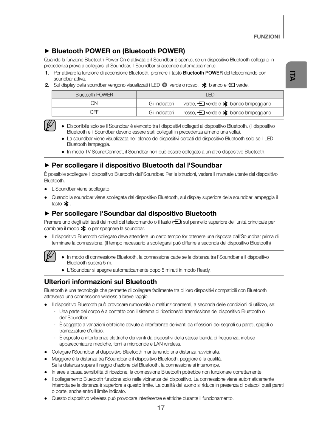 Samsung HW-J250/EN manual + Per scollegare il dispositivo Bluetooth dal lSoundbar, Ulteriori informazioni sul Bluetooth 