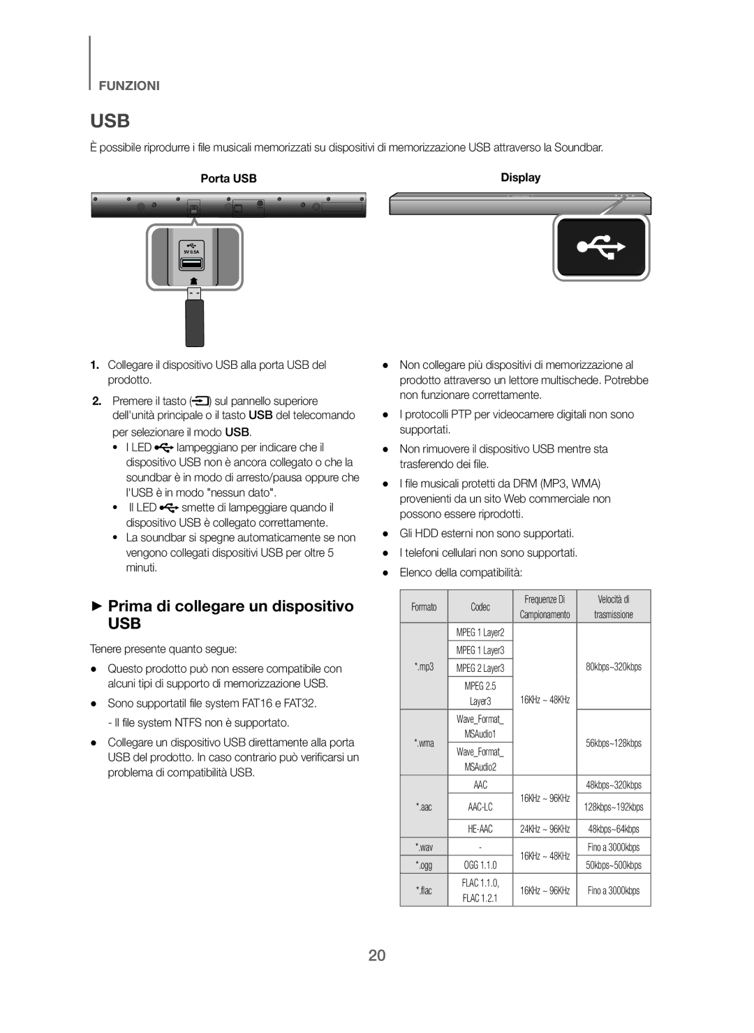 Samsung HW-J250/EN manual + Prima di collegare un dispositivo, Porta USB, Per selezionare il modo USB 