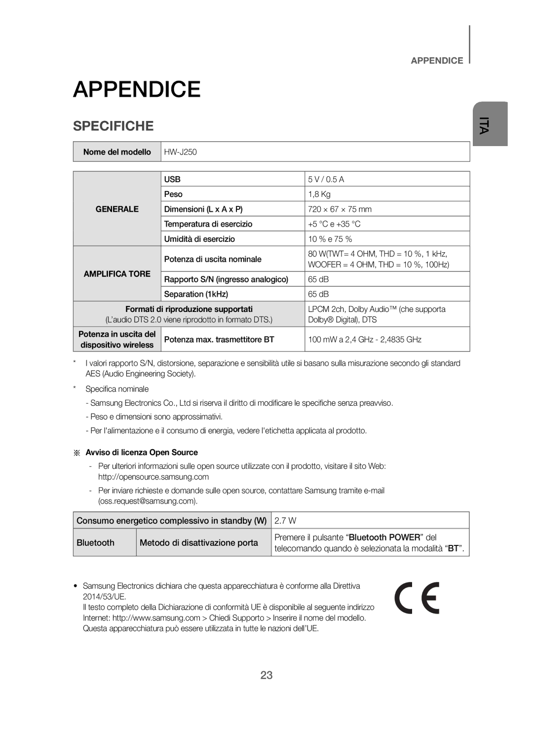 Samsung HW-J250/EN manual Appendice, Specifiche, Nome del modello, Avviso di licenza Open Source 