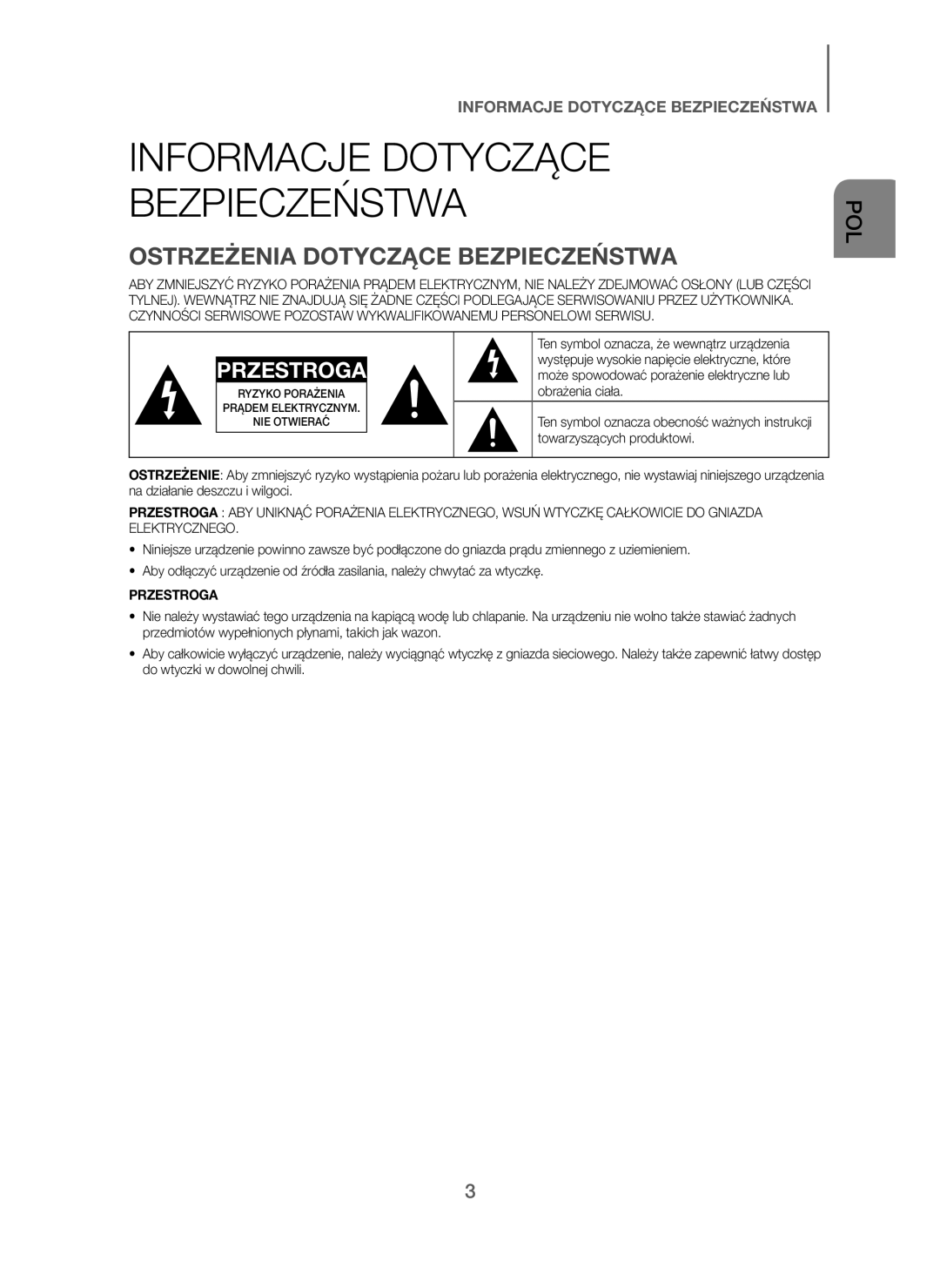 Samsung HW-J250/EN manual Informacje Dotyczące Bezpieczeństwa, Ostrzeżenia Dotyczące Bezpieczeństwa 