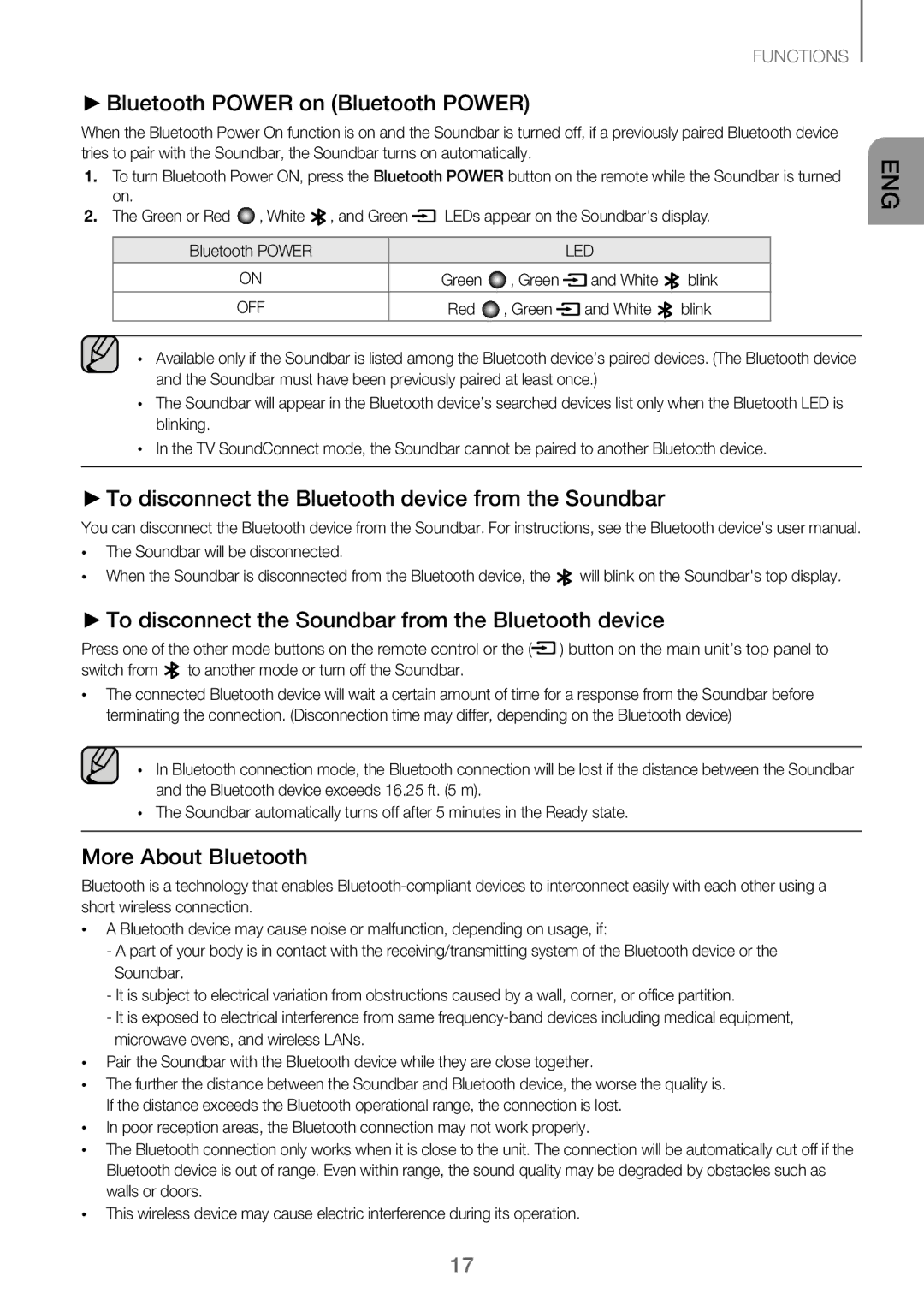 Samsung HW-J250/EN manual Bluetooth Power on Bluetooth Power, To disconnect the Bluetooth device from the Soundbar 