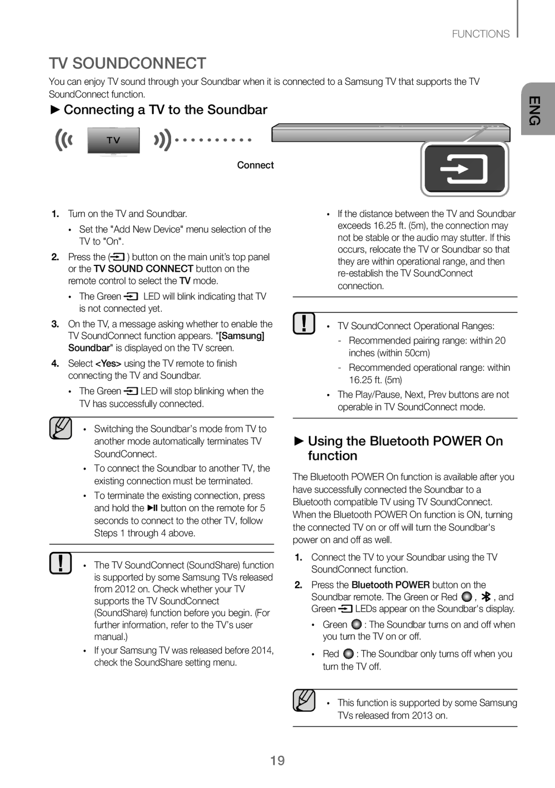 Samsung HW-J250/EN manual TV Soundconnect, Connecting a TV to the Soundbar, Using the Bluetooth Power On function 