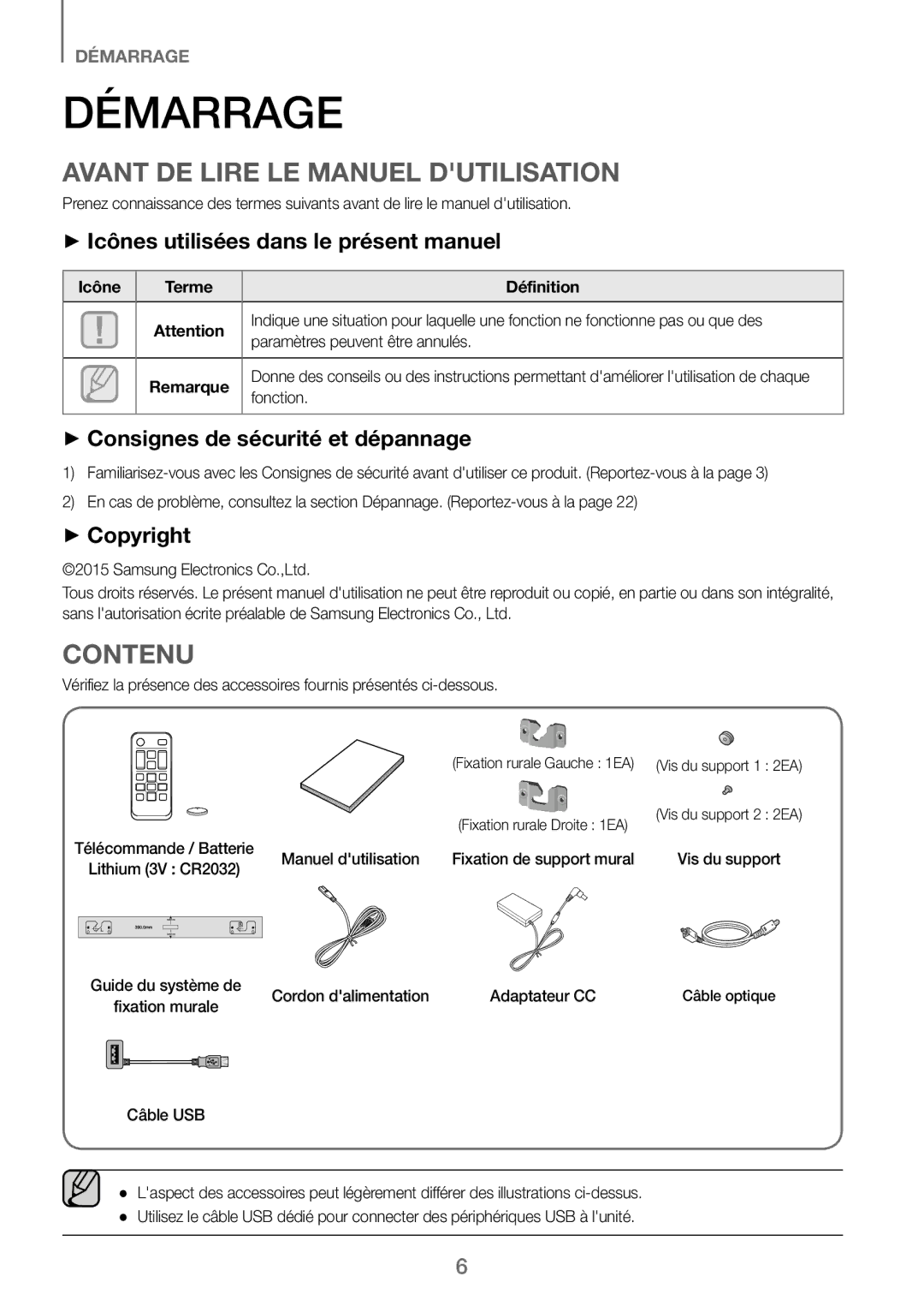 Samsung HW-J250/EN manual Démarrage, Avant DE Lire LE Manuel Dutilisation, Contenu 