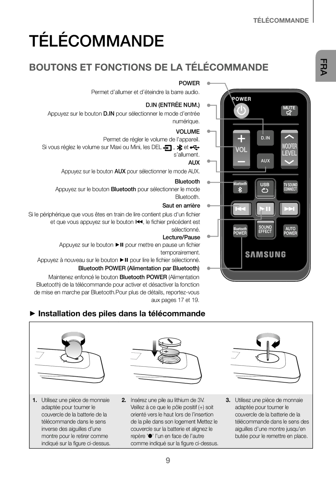 Samsung HW-J250/EN manual Boutons ET Fonctions DE LA Télécommande, ++Installation des piles dans la télécommande 