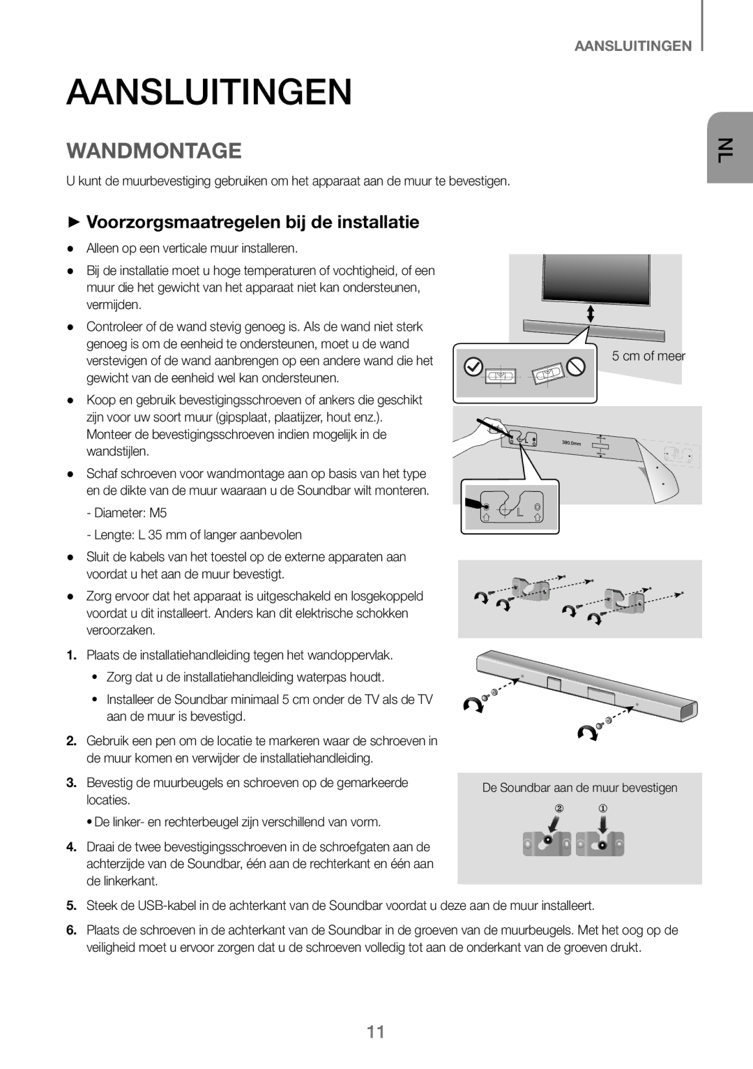 Samsung HW-J250/EN manual Aansluitingen, Wandmontage, ++Voorzorgsmaatregelen bij de installatie 