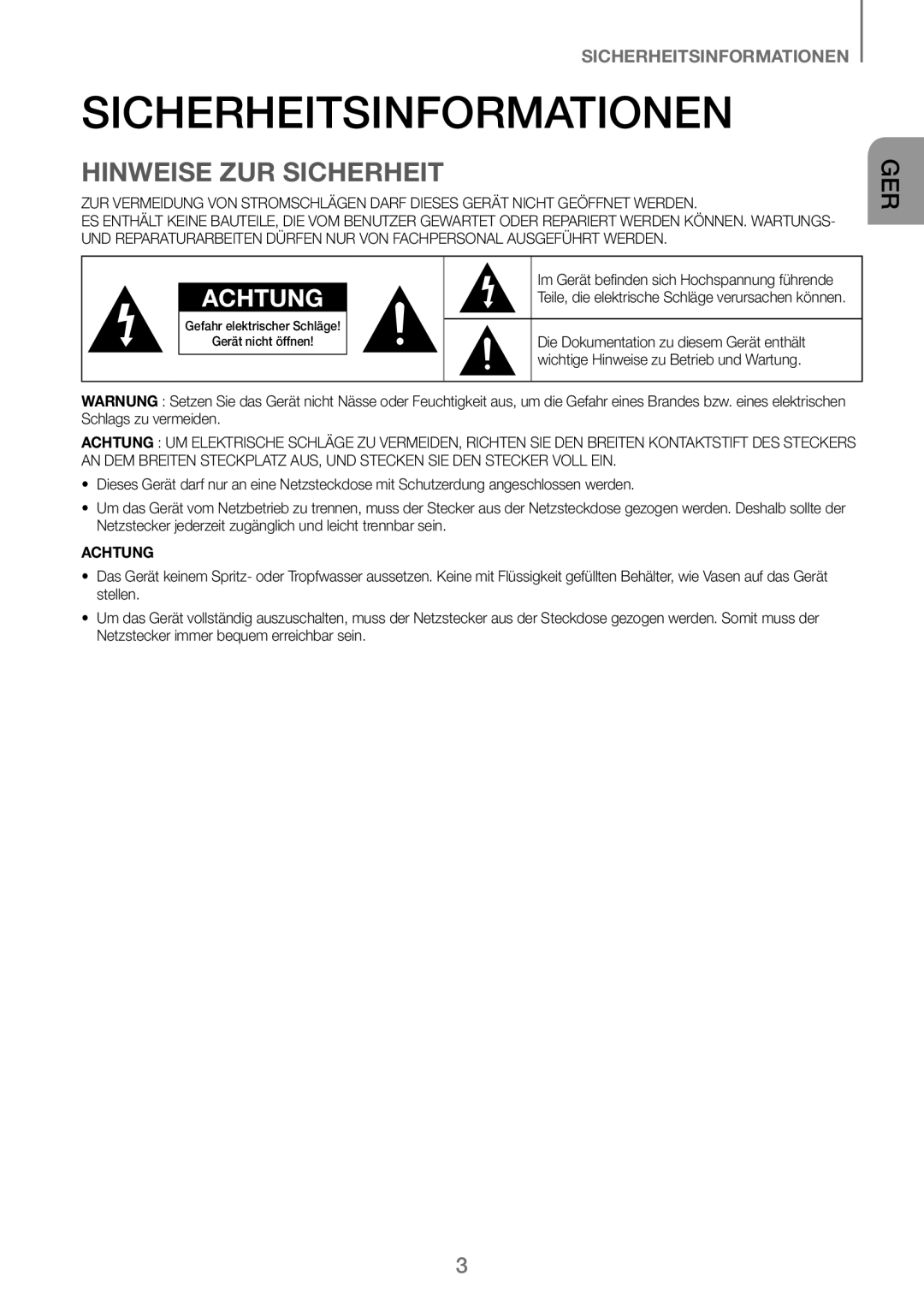 Samsung HW-J250/EN manual Sicherheitsinformationen, Hinweise ZUR Sicherheit 