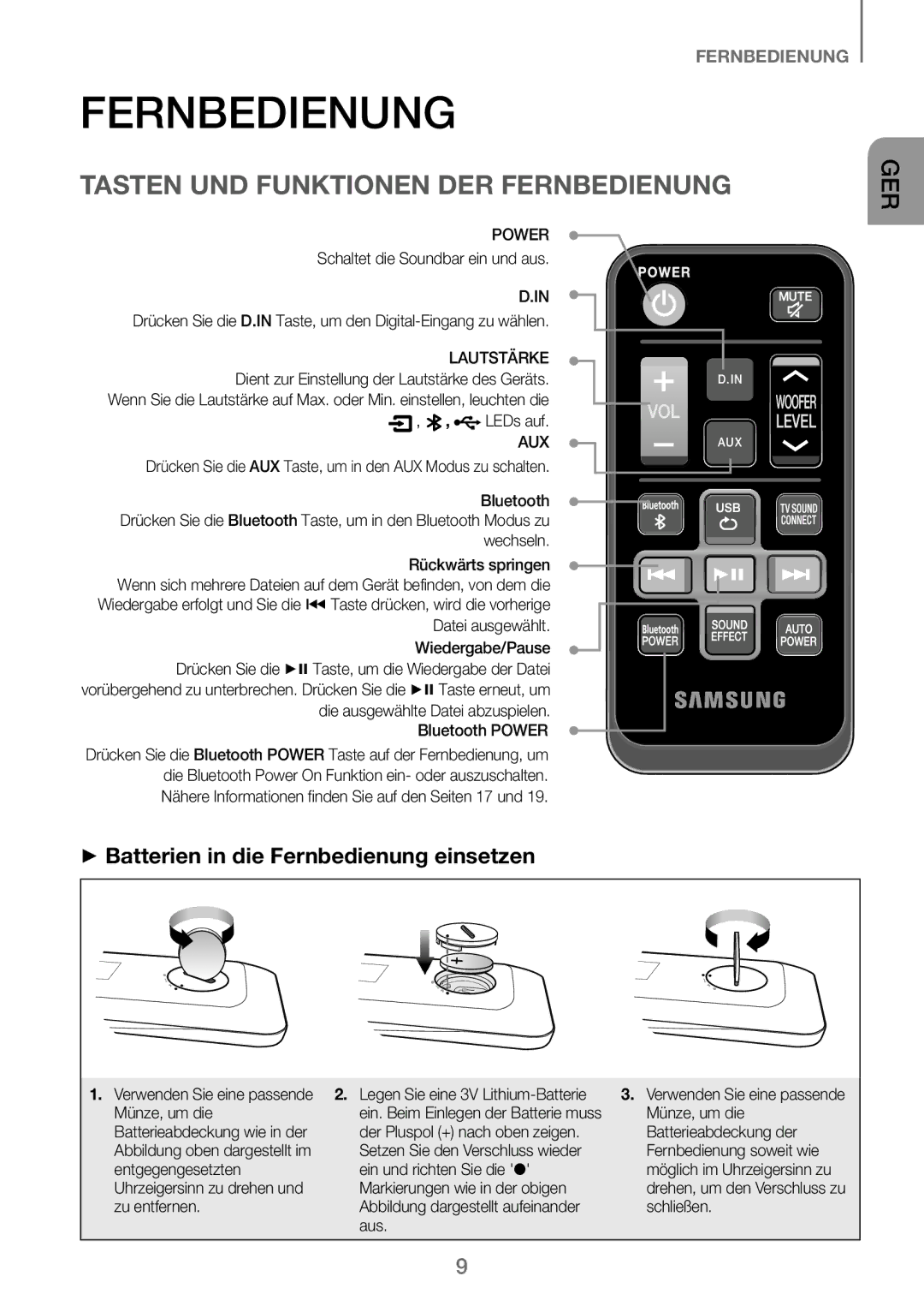 Samsung HW-J250/EN manual Tasten UND Funktionen DER Fernbedienung, ++Batterien in die Fernbedienung einsetzen, LEDs auf 