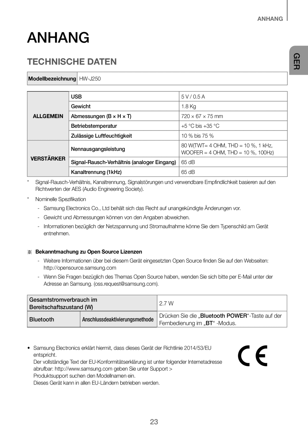 Samsung HW-J250/EN manual Anhang, Technische Daten, Gesamtstromverbrauch im Bereitschaftszustand W Bluetooth 