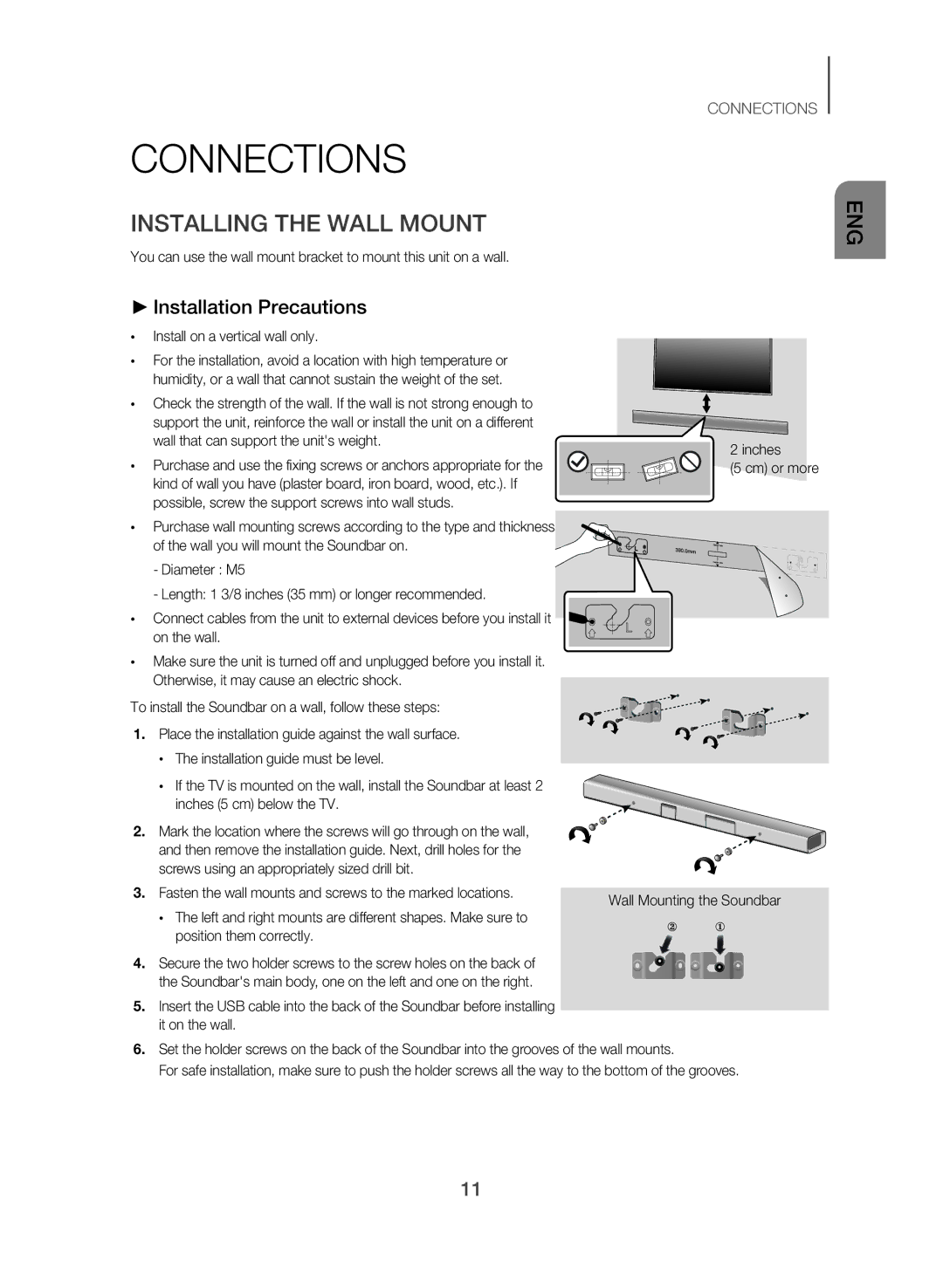 Samsung HW-J250/SQ manual Connections, Installing the Wall Mount, Installation Precautions, Install on a vertical wall only 