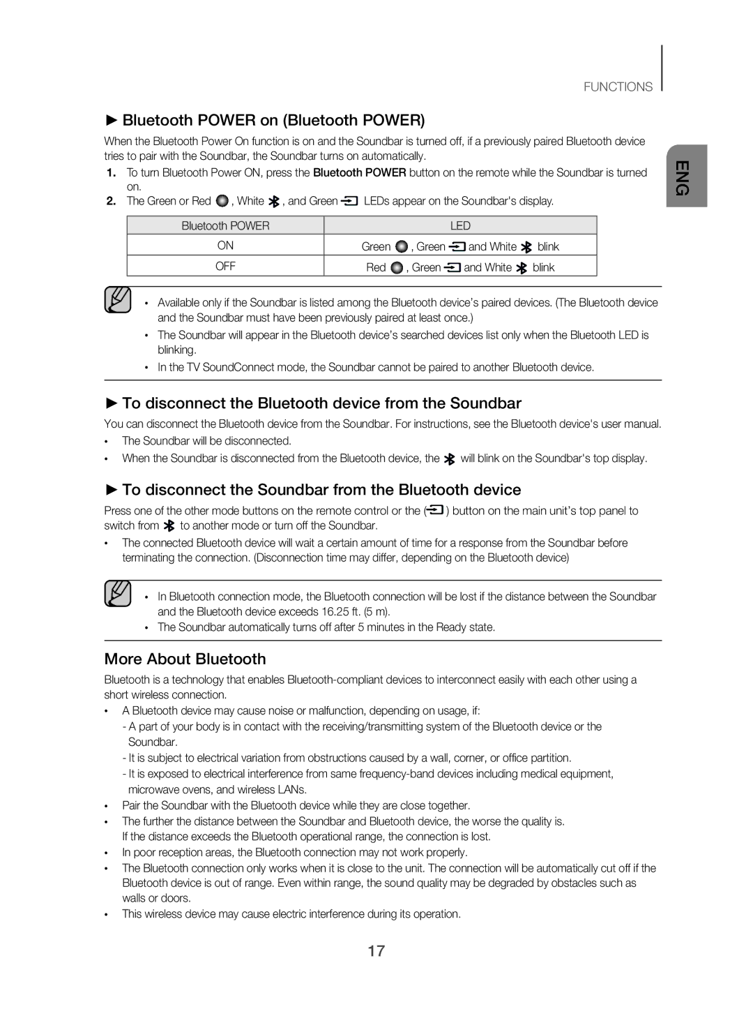 Samsung HW-J250/SQ manual Bluetooth Power on Bluetooth Power, To disconnect the Bluetooth device from the Soundbar 