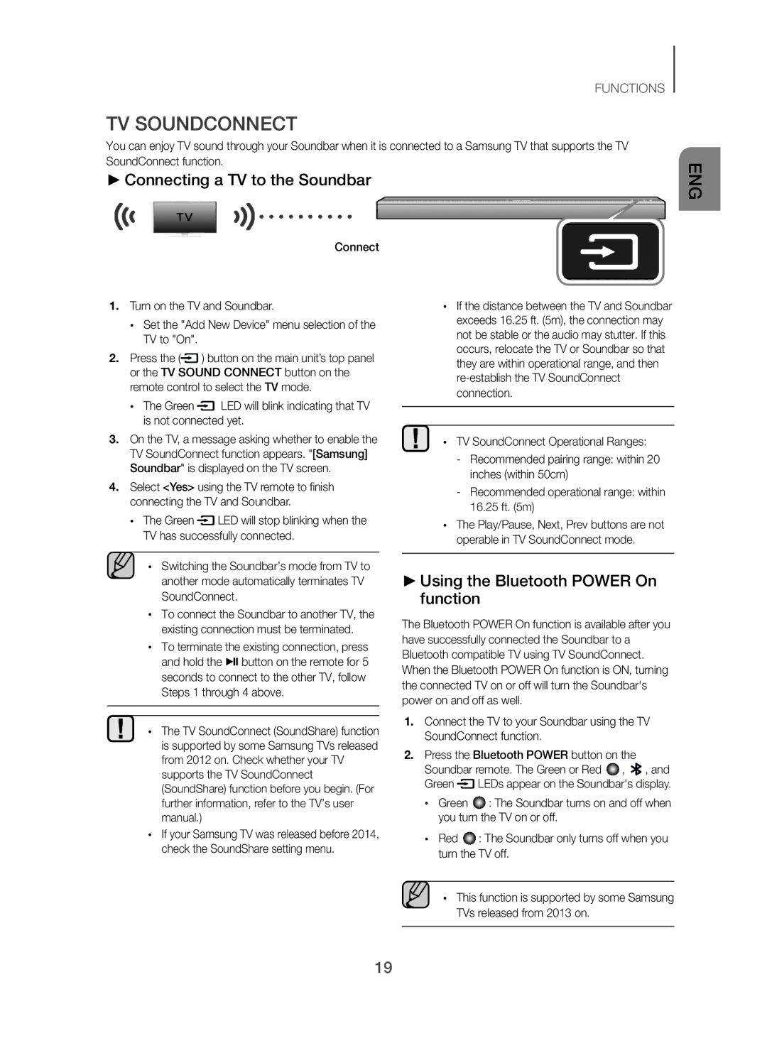 Samsung HW-J250/SQ manual TV Soundconnect, Connecting a TV to the Soundbar, Using the Bluetooth Power On function 