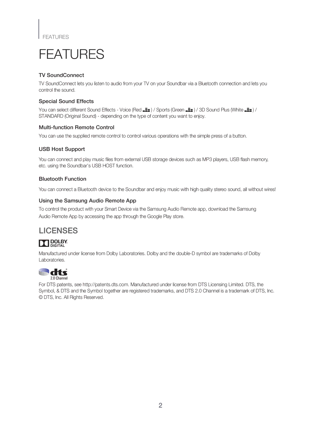 Samsung HW-J250/SQ manual Features, Licenses 