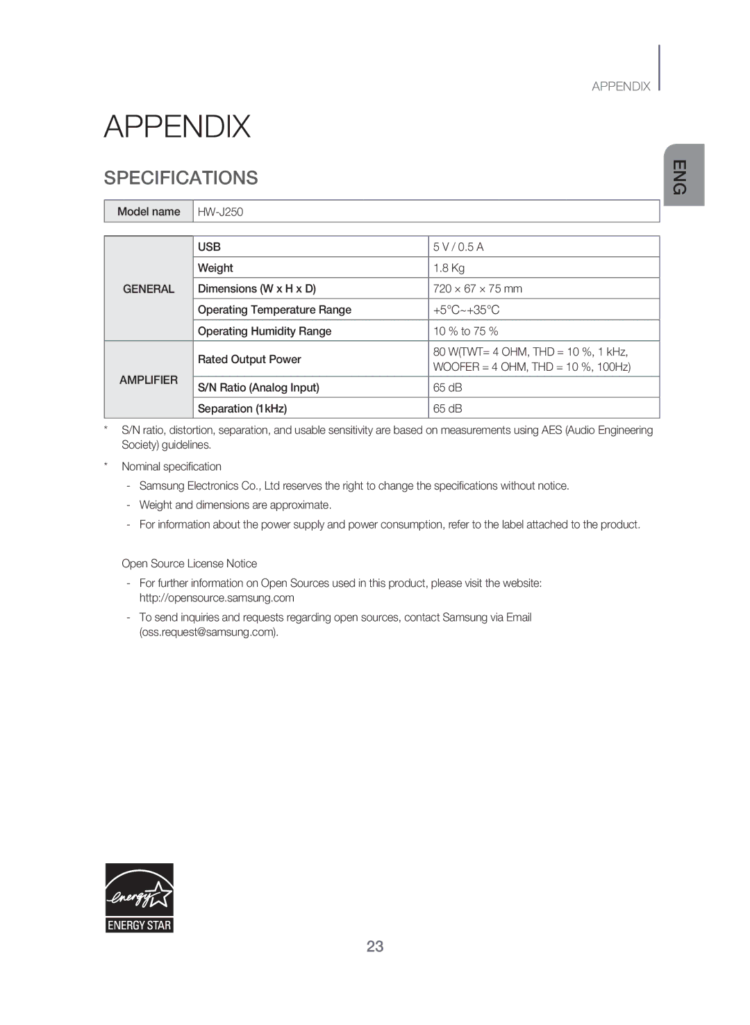 Samsung HW-J250/SQ manual Appendix, Specifications, Model name HW-J250, 0.5 a, Weight 