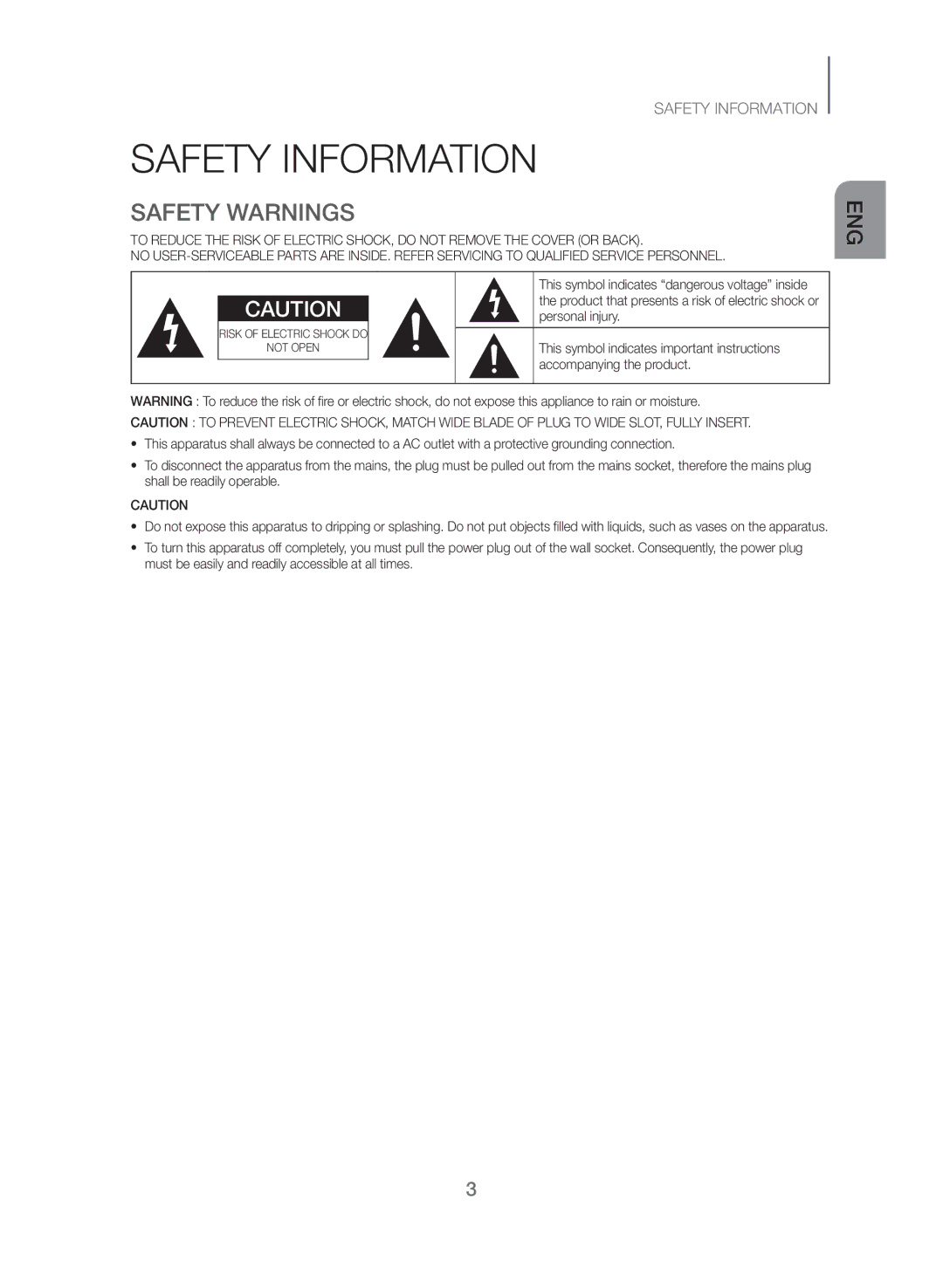 Samsung HW-J250/SQ manual Safety Information, Safety Warnings 