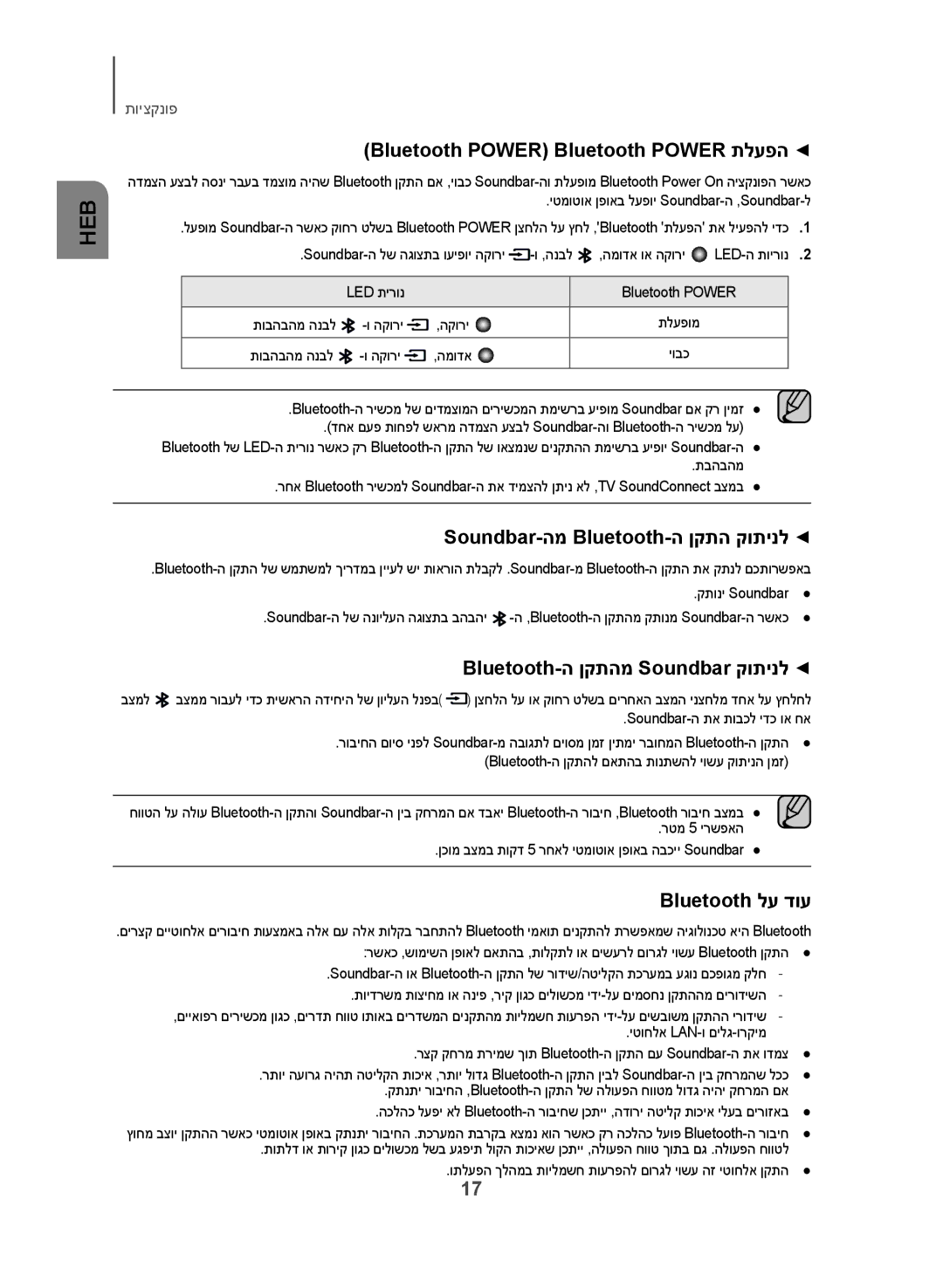 Samsung HW-J250/SQ manual Bluetooth POWER‏Bluetooth Power תלעפה, Soundbar-המ Bluetooth-ה ןקתה קותינל, Bluetooth לע דוע 