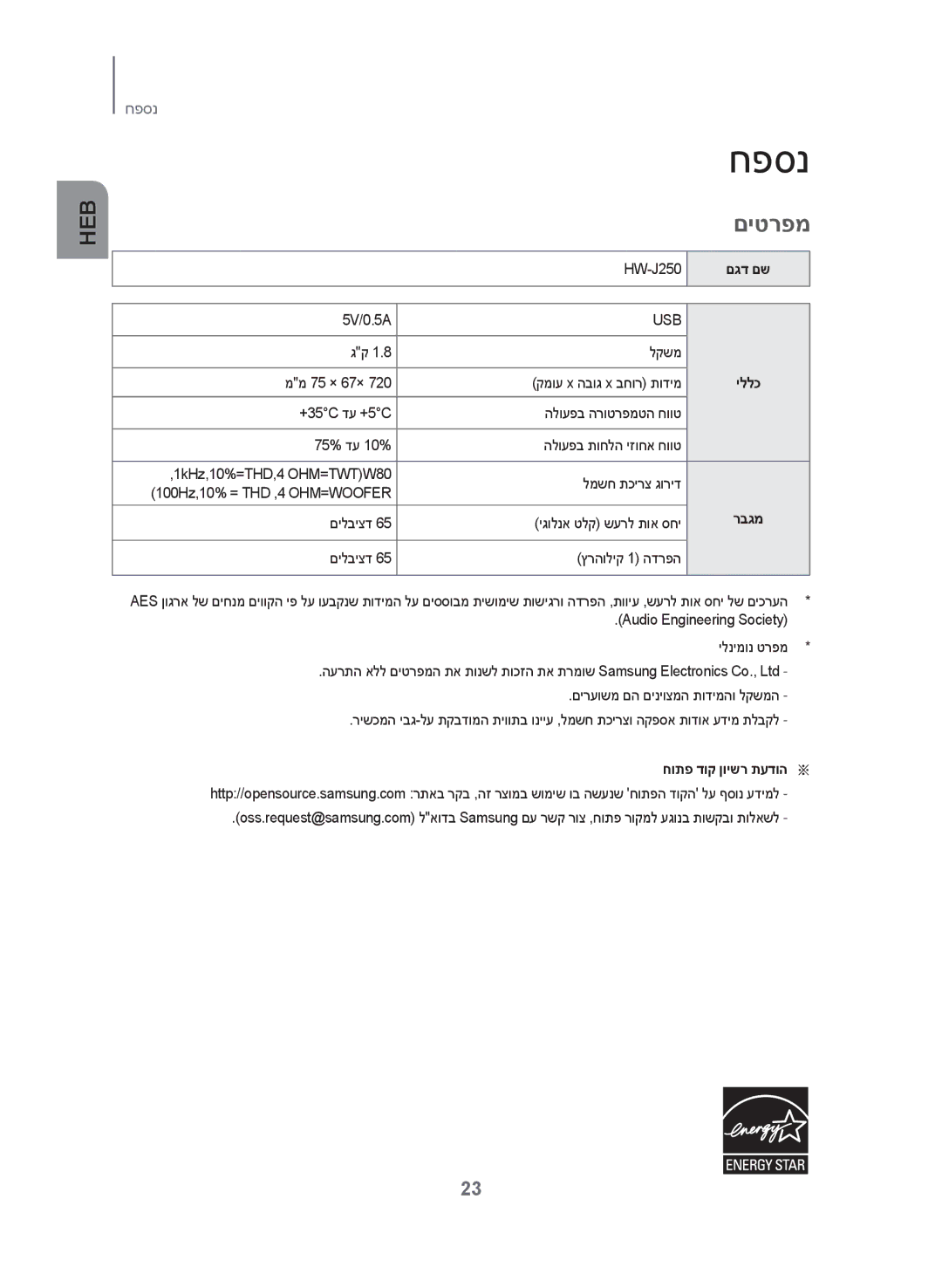 Samsung HW-J250/SQ manual חפסנ, םיטרפמ, יללכ, רבגמ, חותפ דוק ןוישר תעדוהa a 