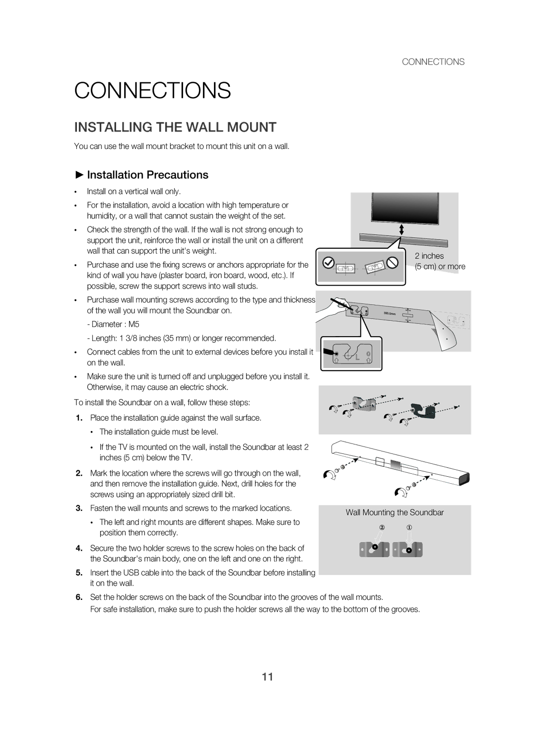 Samsung HW-J250/UM manual Connections, Installing the Wall Mount, Installation Precautions, Install on a vertical wall only 