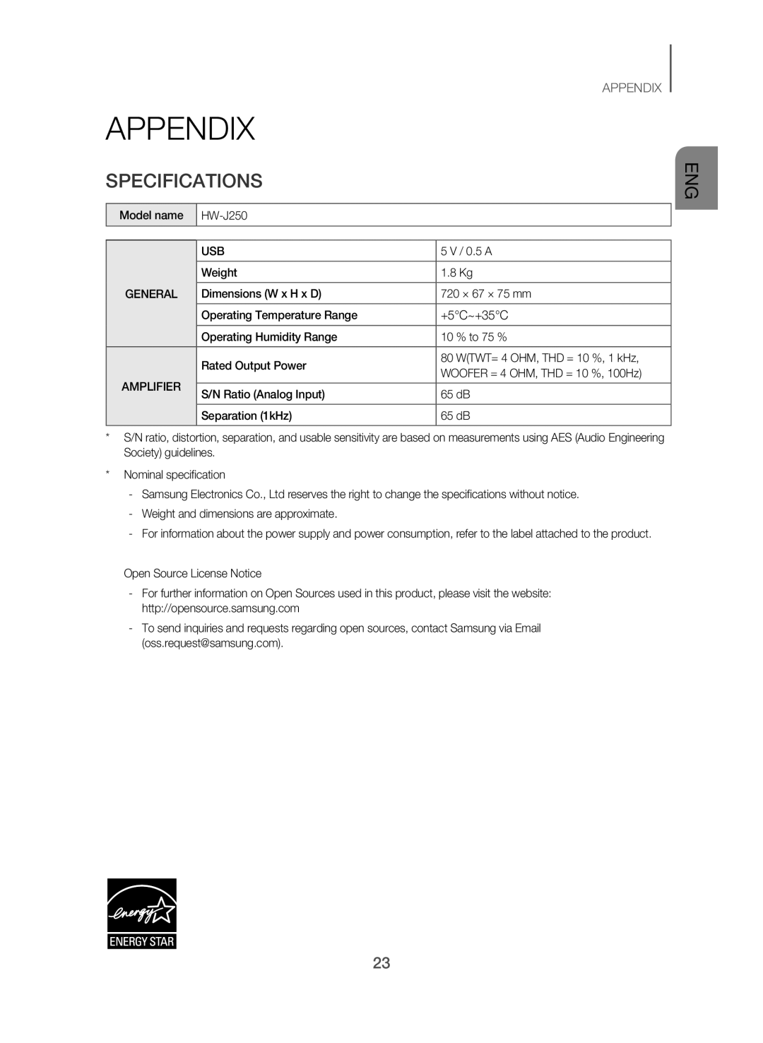 Samsung HW-J250/UM manual Appendix, Specifications, Model name HW-J250, 0.5 a, Weight 