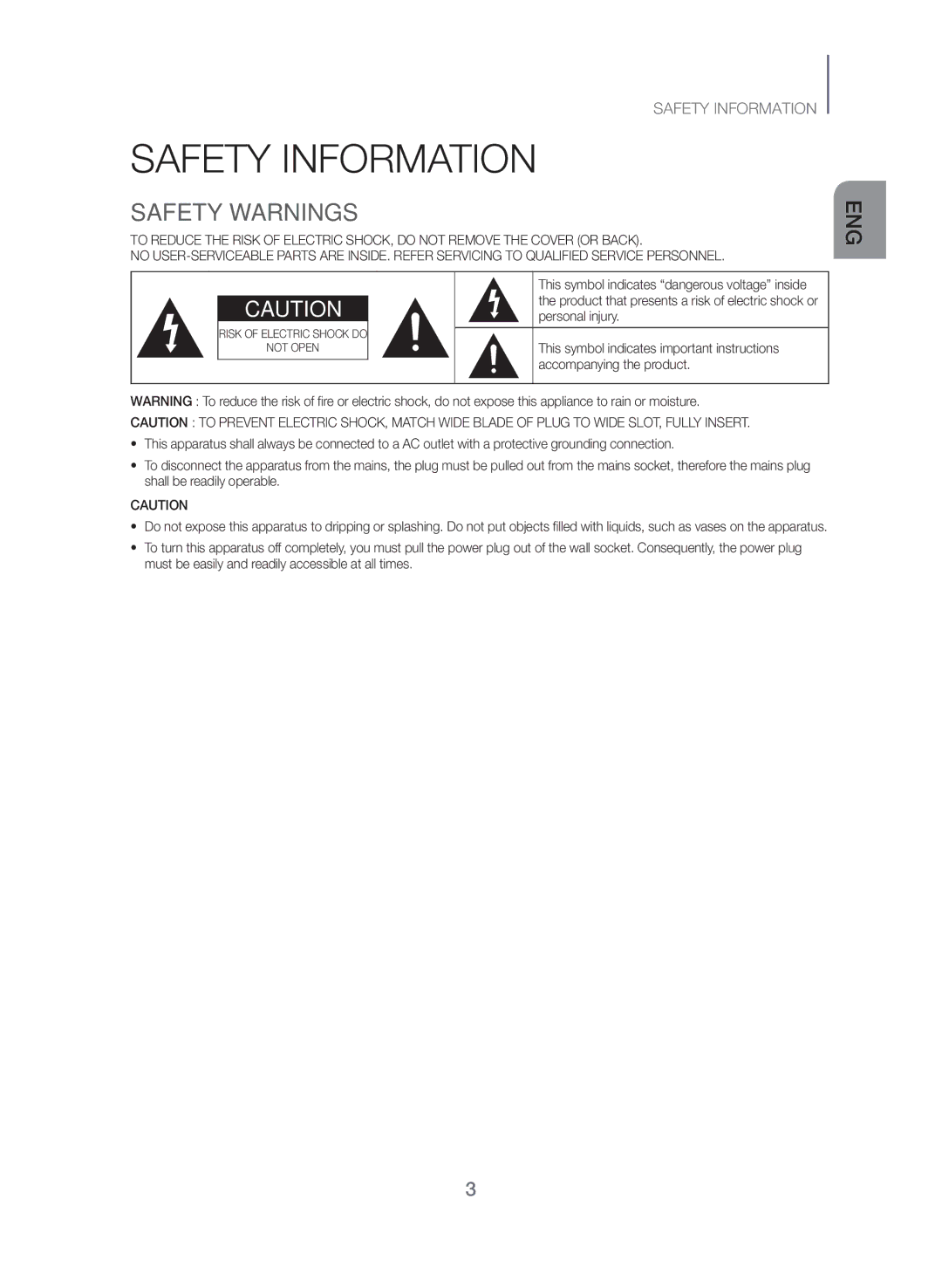 Samsung HW-J250/UM manual Safety Information, Safety Warnings 