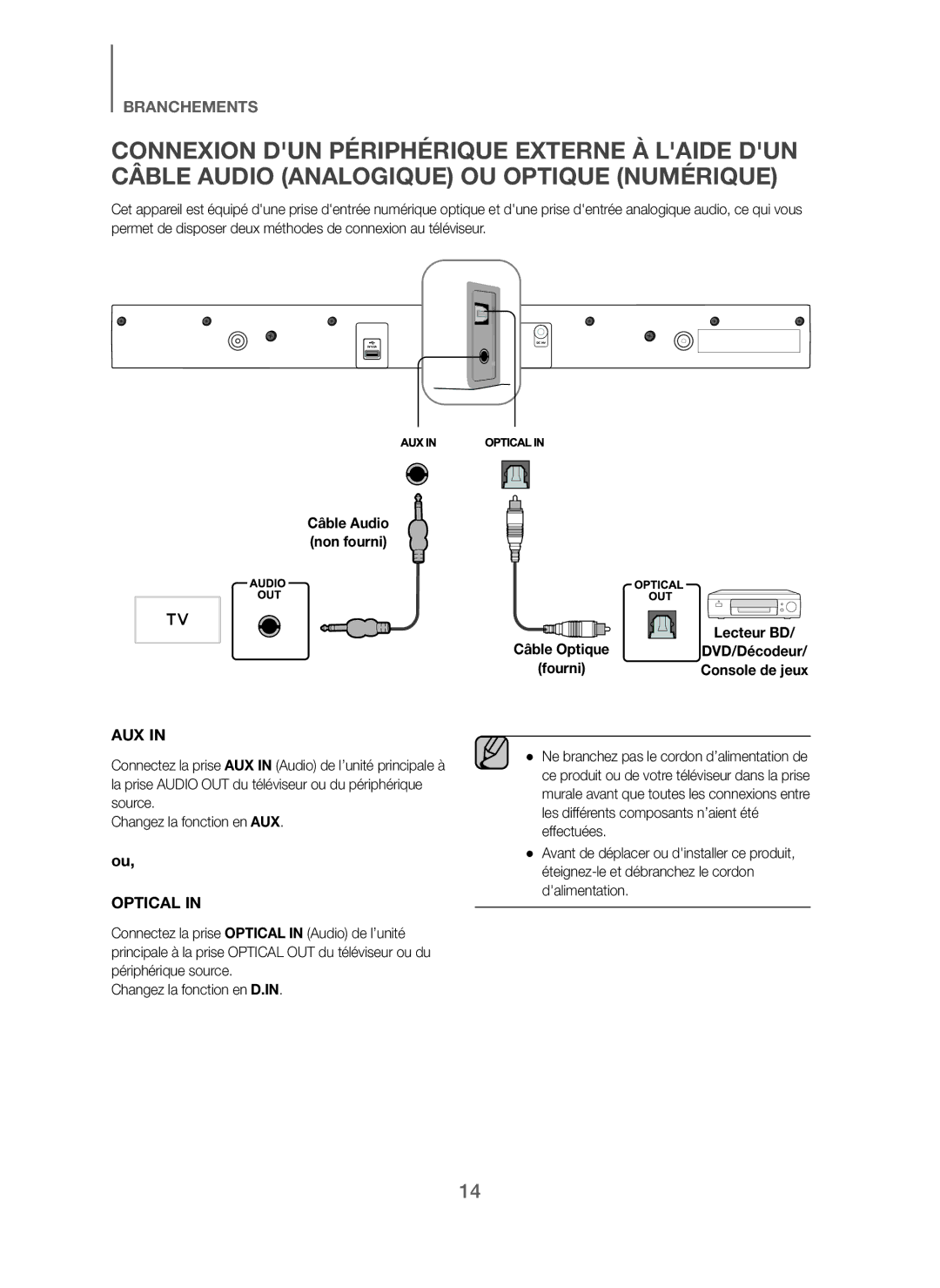 Samsung HW-J250/ZF manual Aux, Câble Audio non fourni 