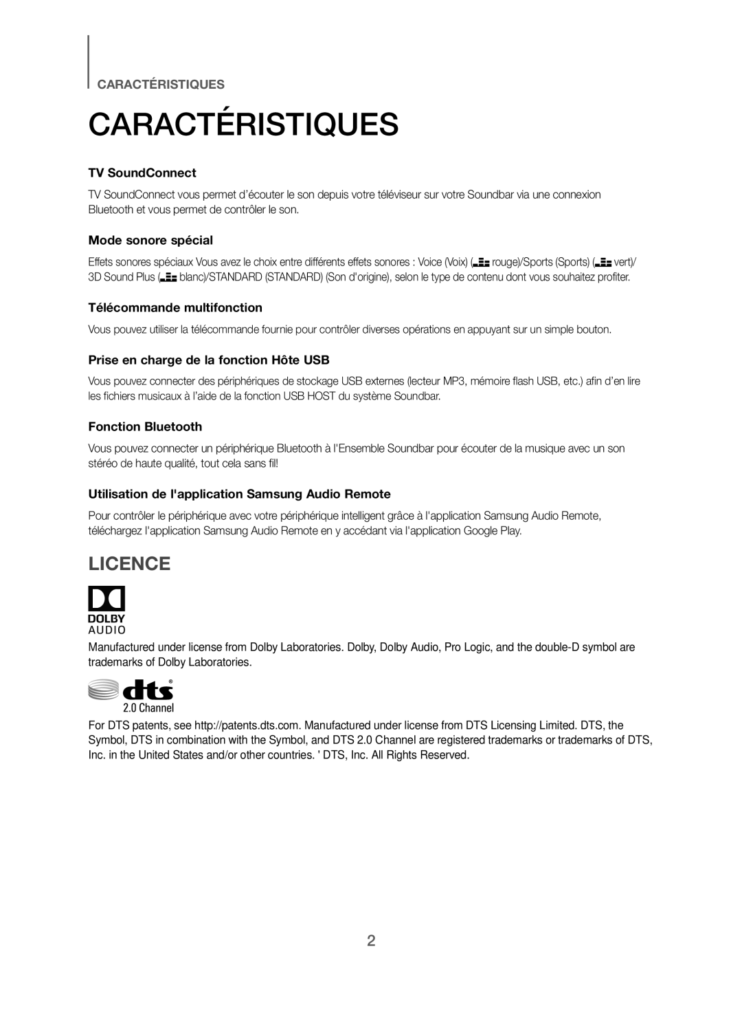 Samsung HW-J250/ZF manual Caractéristiques, Licence 