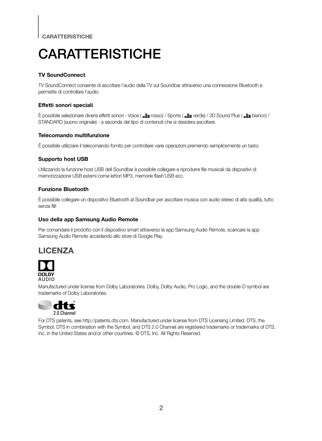 Samsung HW-J250/ZF manual Caratteristiche, Licenza 