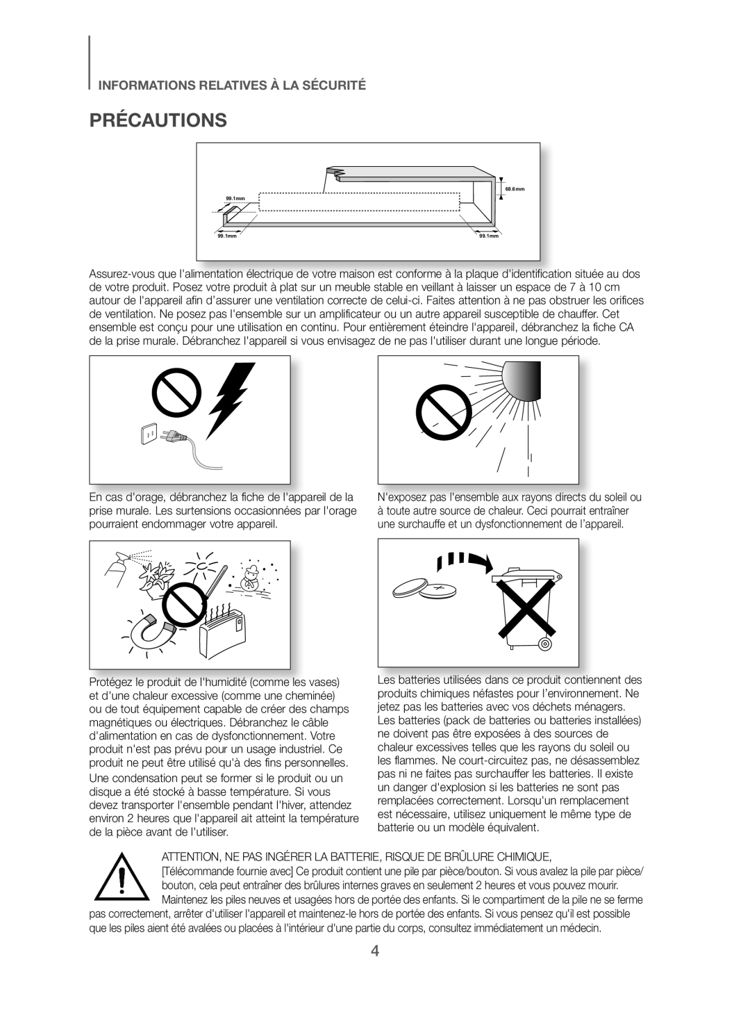 Samsung HW-J250/ZF manual Précautions, Nexposez pas lensemble aux rayons directs du soleil ou 