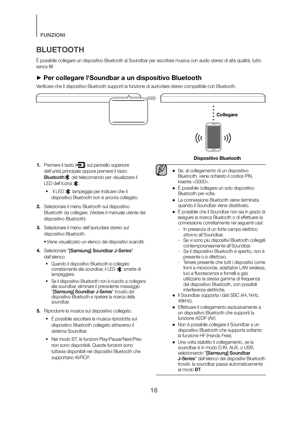 Samsung HW-J250/ZF manual + Per collegare lSoundbar a un dispositivo Bluetooth, Collegare Dispositivo Bluetooth 