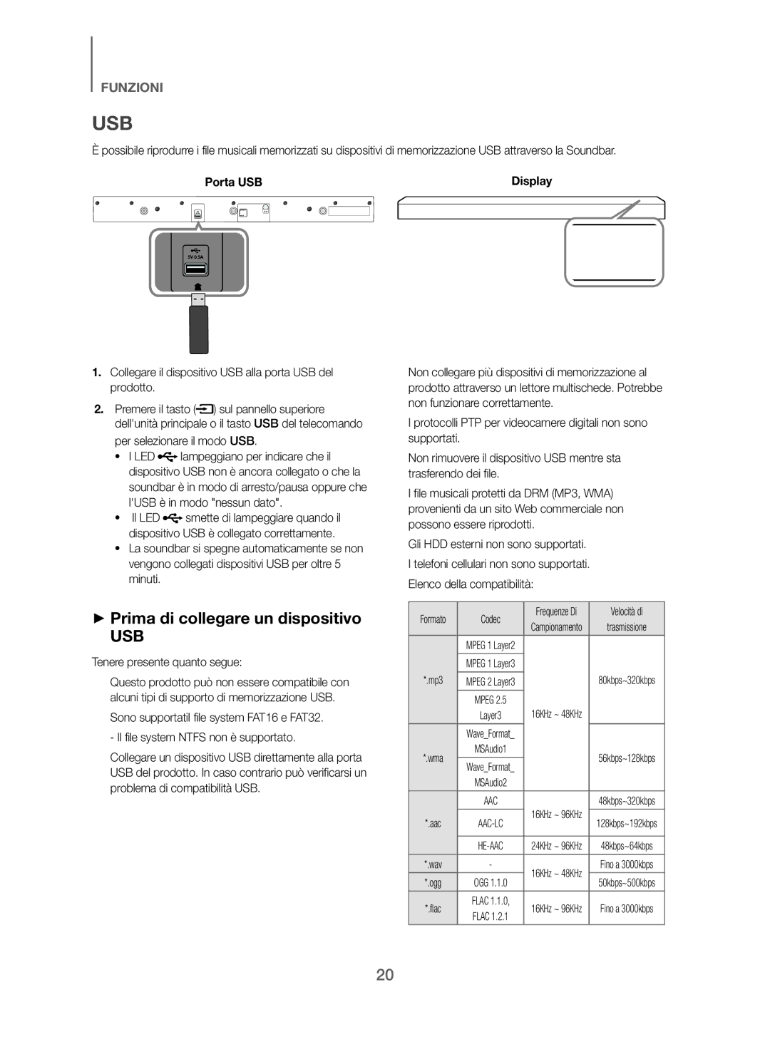 Samsung HW-J250/ZF manual + Prima di collegare un dispositivo, Porta USB, Per selezionare il modo USB 