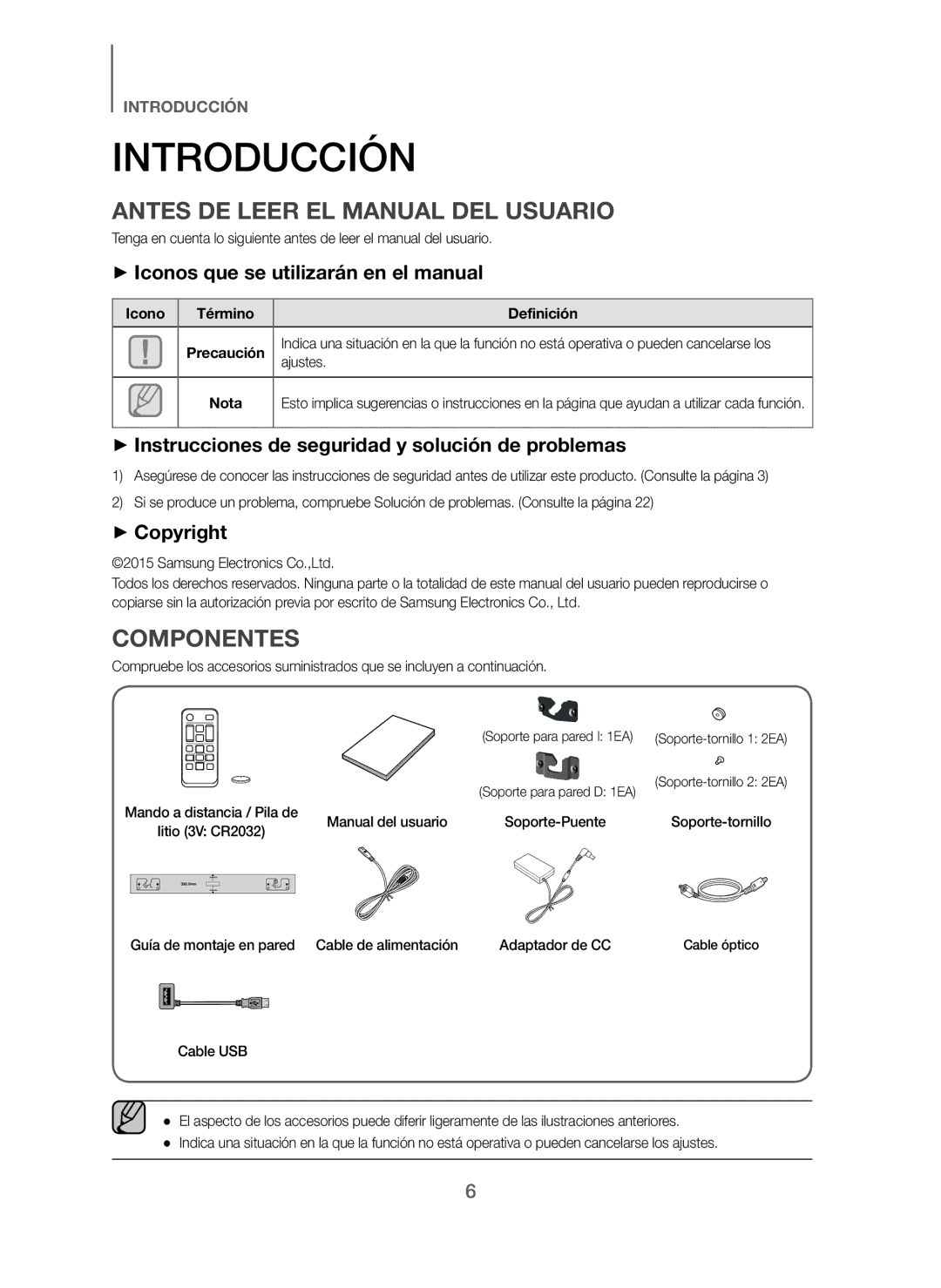 Samsung HW-J250/ZF Introducción, Antes DE Leer EL Manual DEL Usuario, Componentes, + Iconos que se utilizarán en el manual 