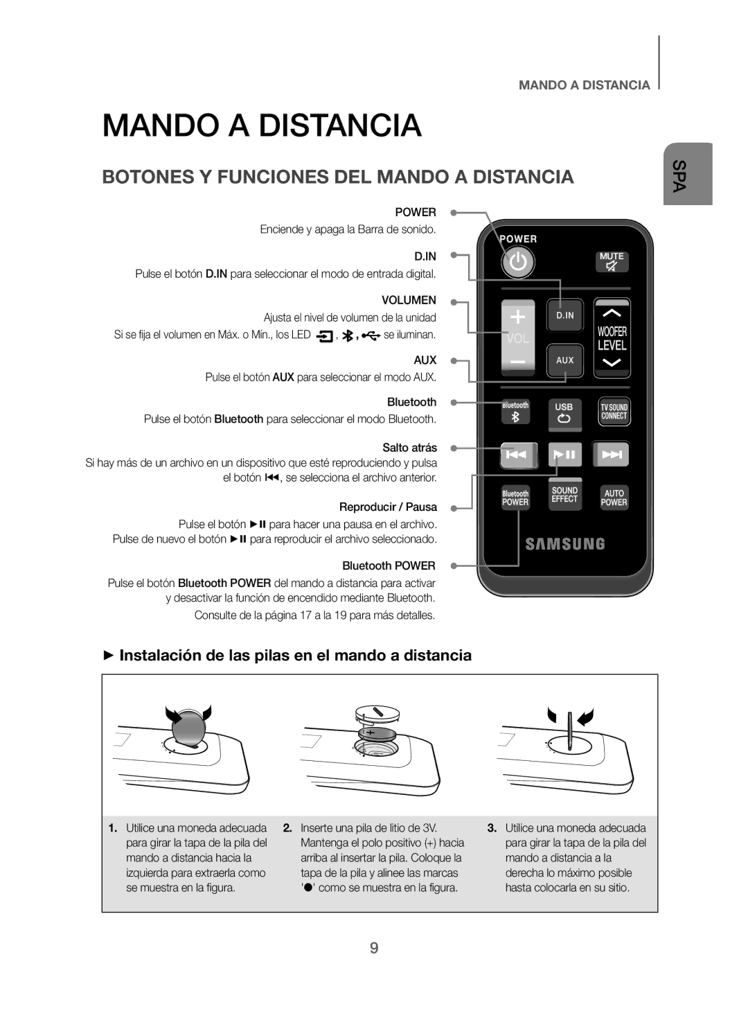 Samsung HW-J250/ZF manual Botones Y Funciones DEL Mando a Distancia, + Instalación de las pilas en el mando a distancia 