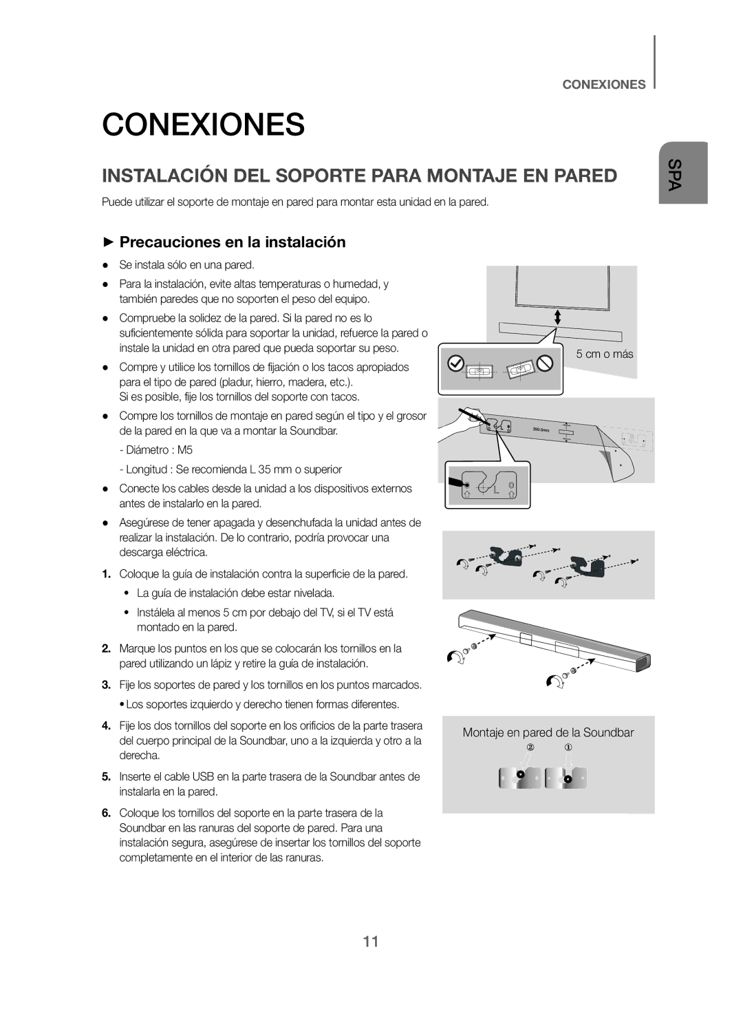 Samsung HW-J250/ZF manual Conexiones, Instalación DEL Soporte Para Montaje EN Pared, + Precauciones en la instalación 