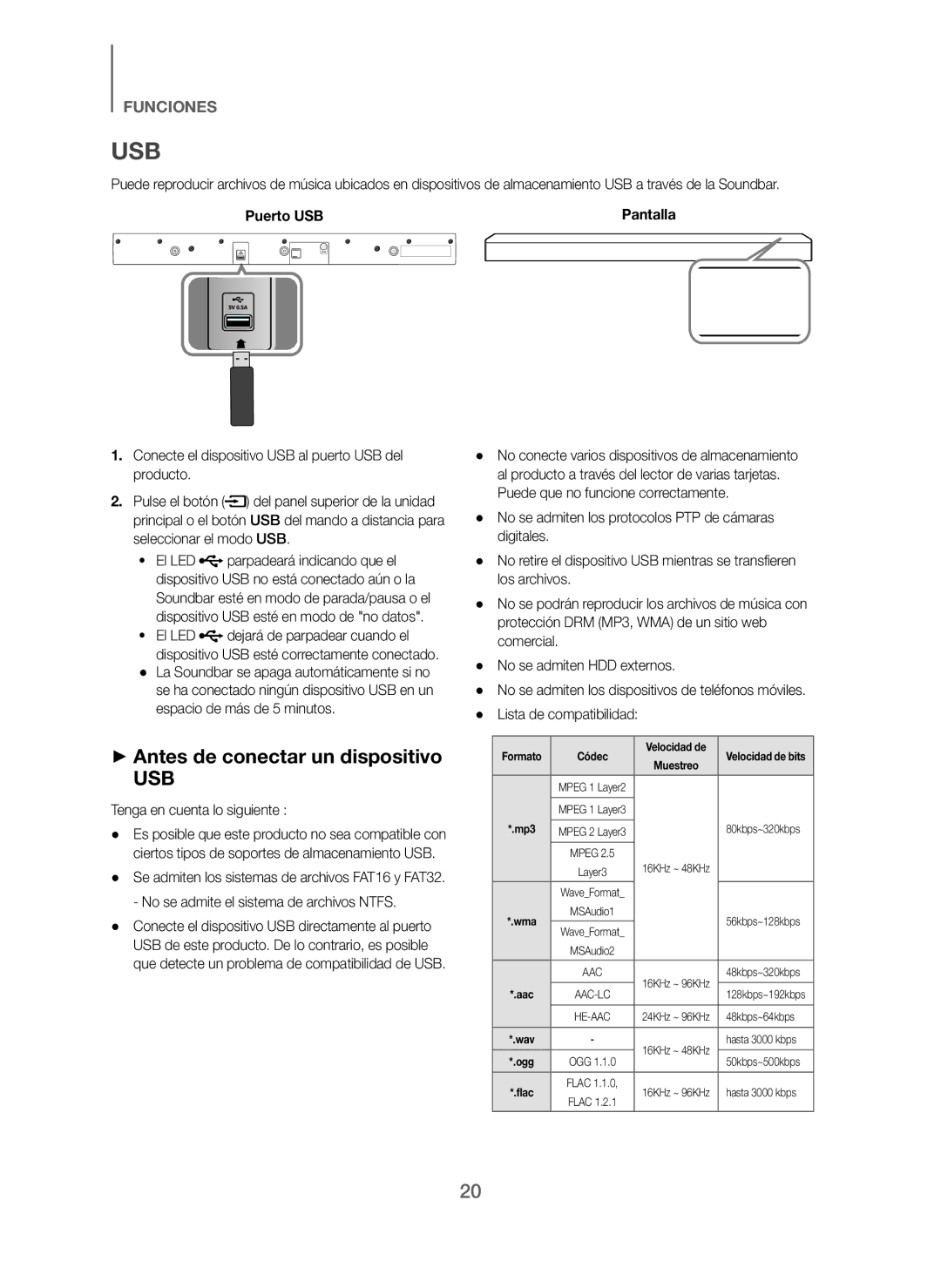 Samsung HW-J250/ZF manual + Antes de conectar un dispositivo, Puerto USB, El LED dejará de parpadear cuando el 