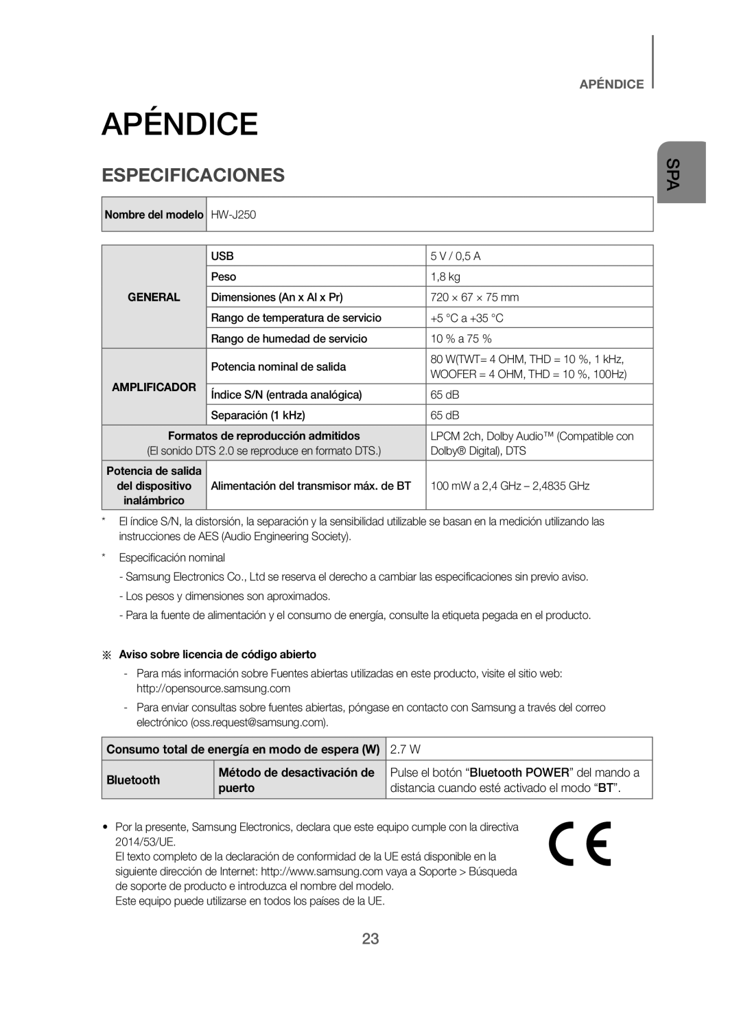 Samsung HW-J250/ZF manual Apéndice, Especificaciones, Aviso sobre licencia de código abierto, Método de desactivación de 