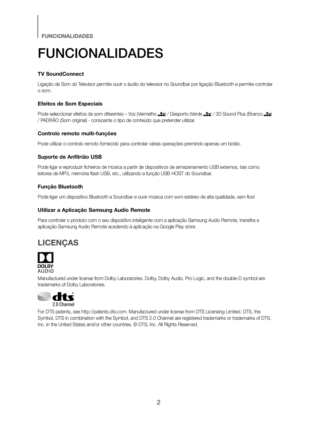 Samsung HW-J250/ZF manual Funcionalidades, Licenças 