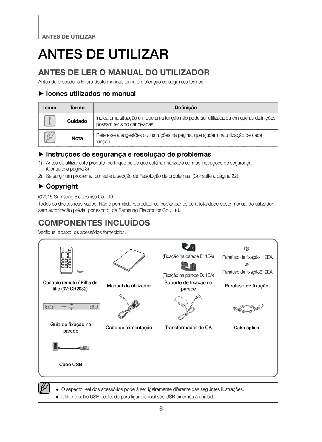 Samsung HW-J250/ZF manual Antes DE Utilizar, Antes DE LER O Manual do Utilizador, Componentes Incluídos 