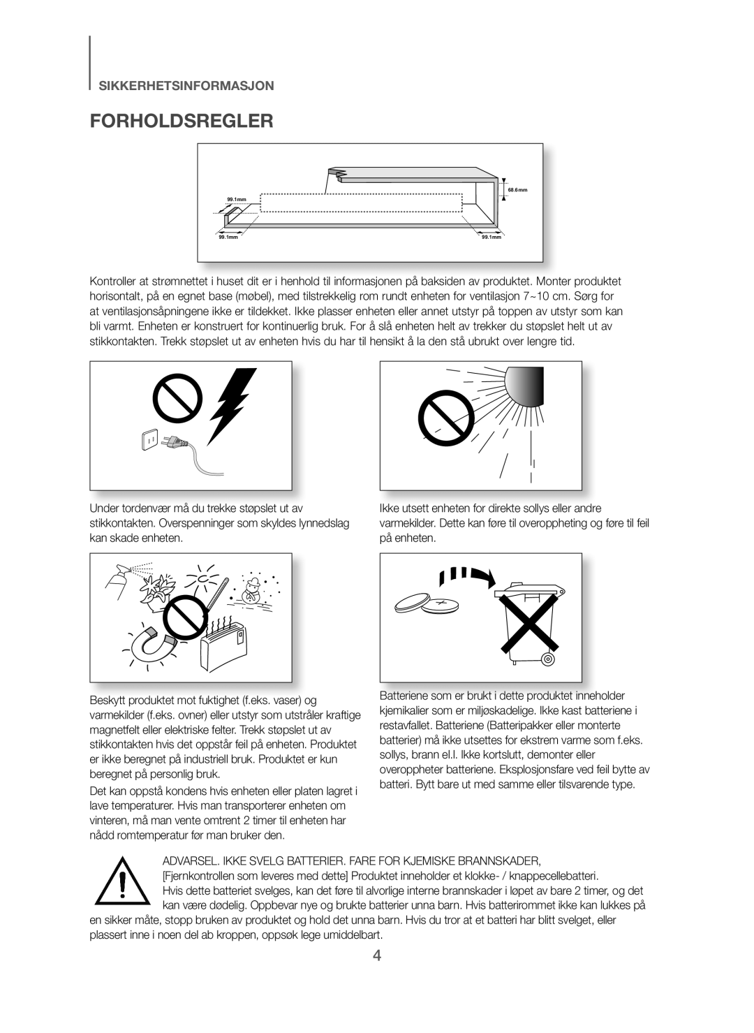 Samsung HW-J260/XE manual Forholdsregler 