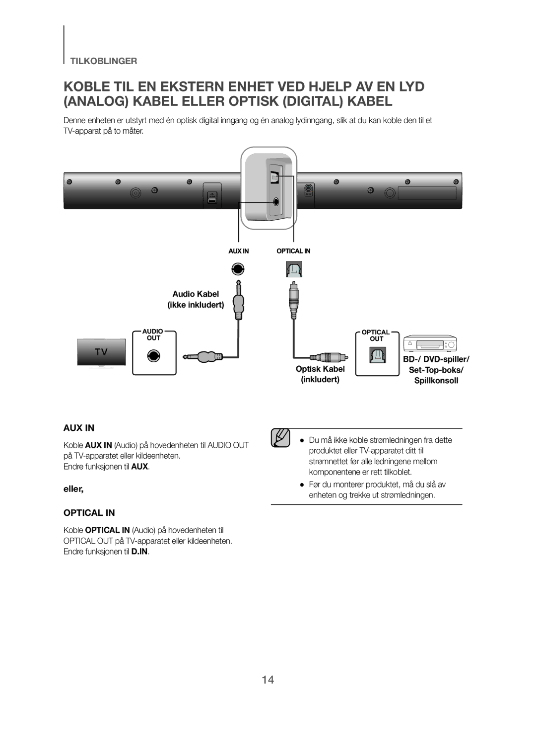 Samsung HW-J260/XE manual Audio Kabel Ikke inkludert, Endre funksjonen til AUX, Set-Top-boks 