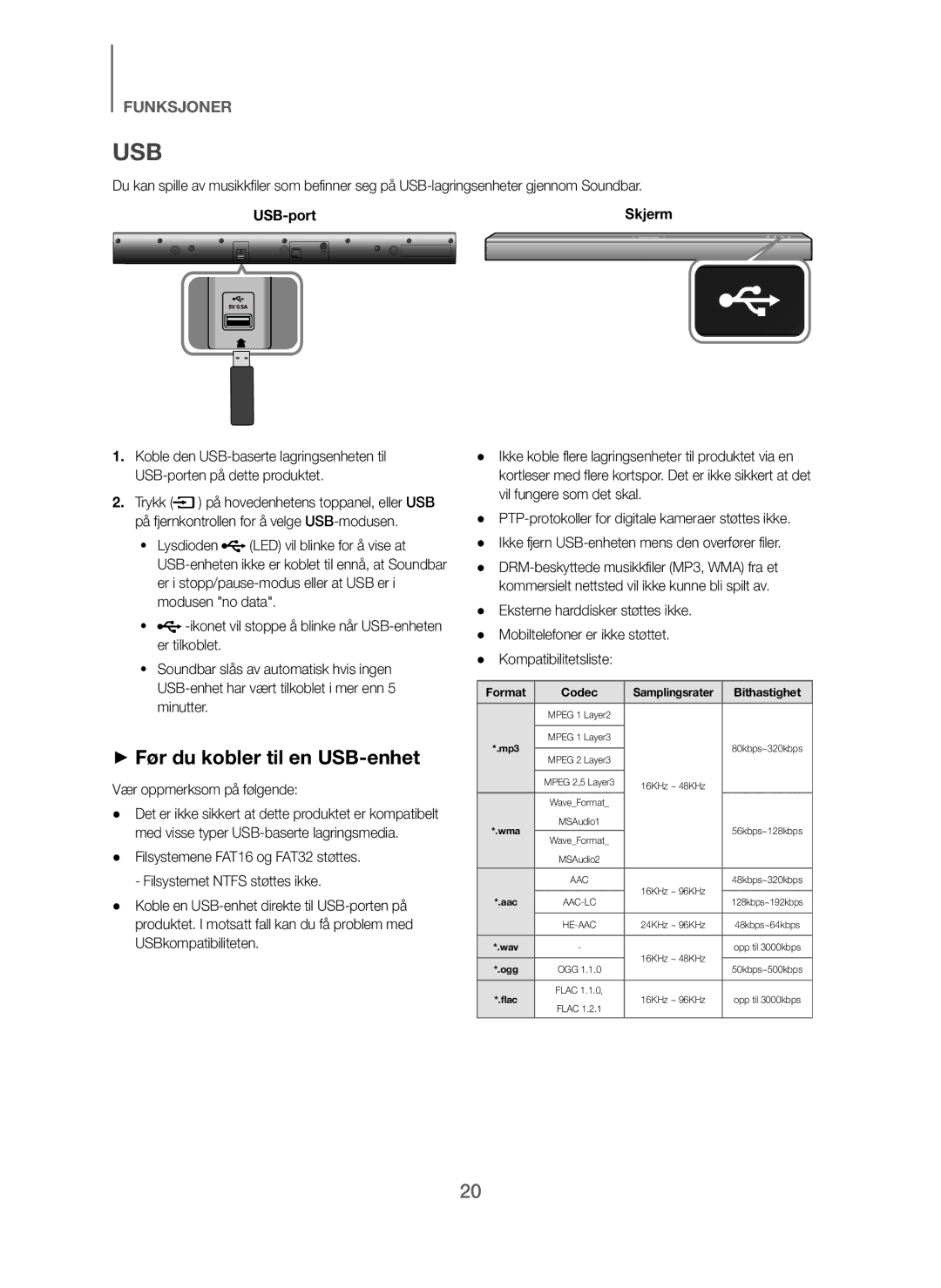 Samsung HW-J260/XE manual + Før du kobler til en USB-enhet, Vær oppmerksom på følgende 