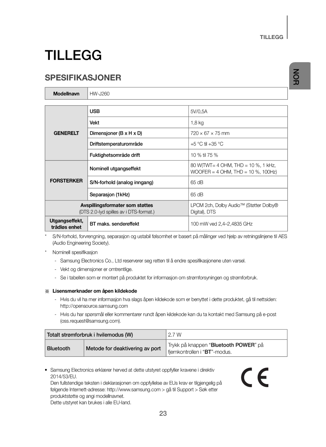 Samsung HW-J260/XE manual Tillegg, Spesifikasjoner, Modellnavn HW-J260, Lisensmerknader om åpen kildekode 