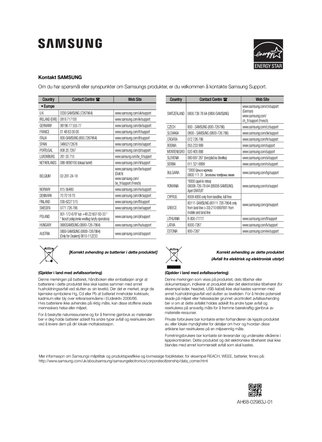 Samsung HW-J260/XE manual AH68-02983J-01, Gjelder i land med avfallssortering 