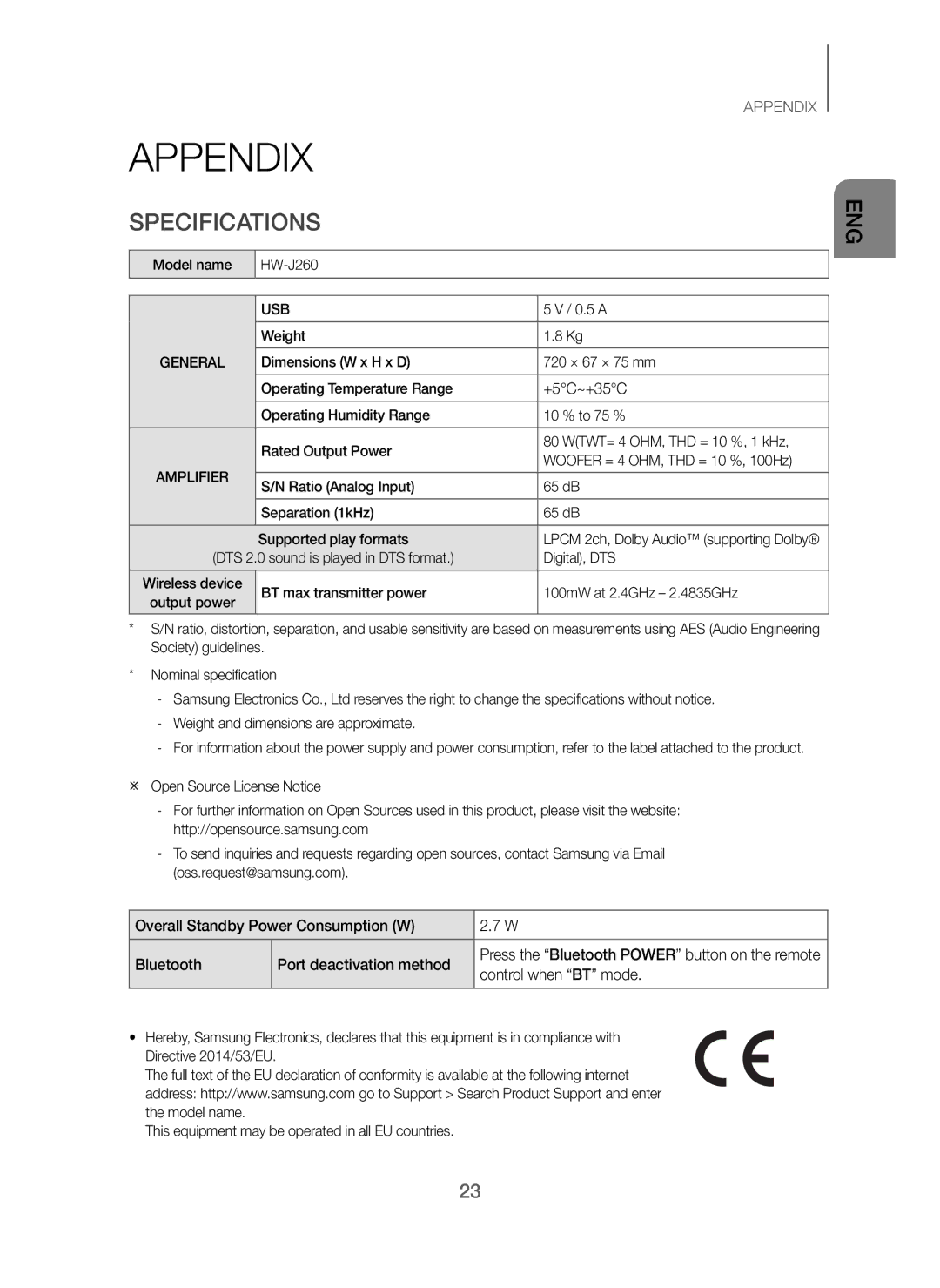 Samsung HW-J260/XE manual Appendix, Specifications 