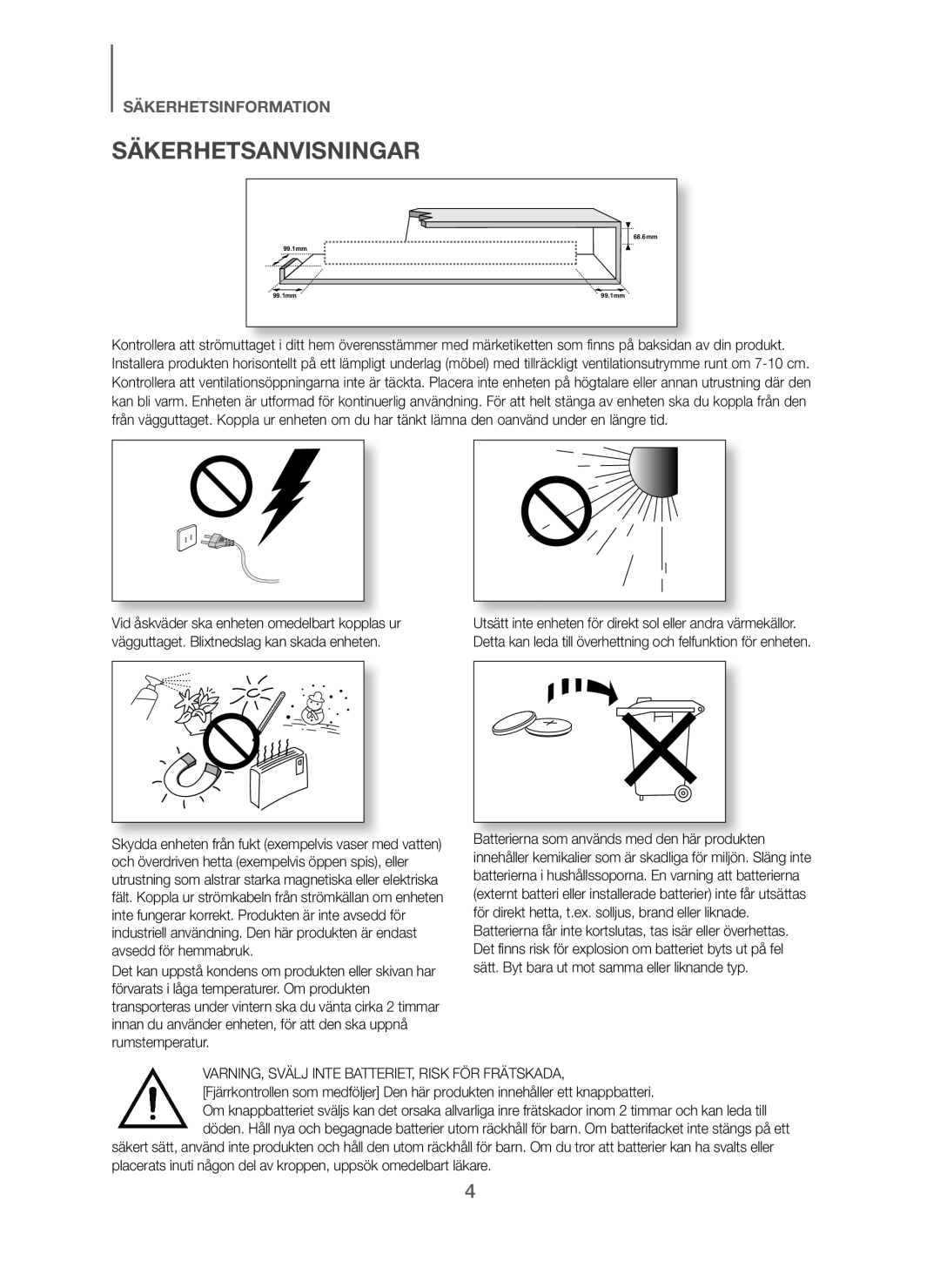 Samsung HW-J260/XE manual Säkerhetsanvisningar 