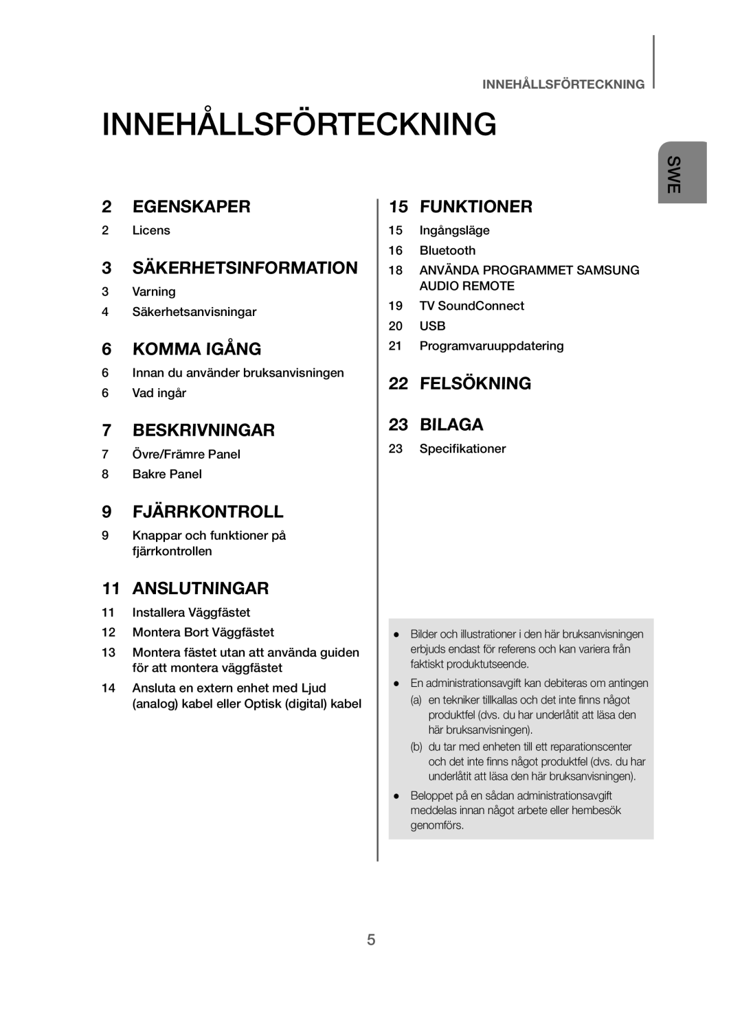 Samsung HW-J260/XE manual Innehållsförteckning, Anslutningar 