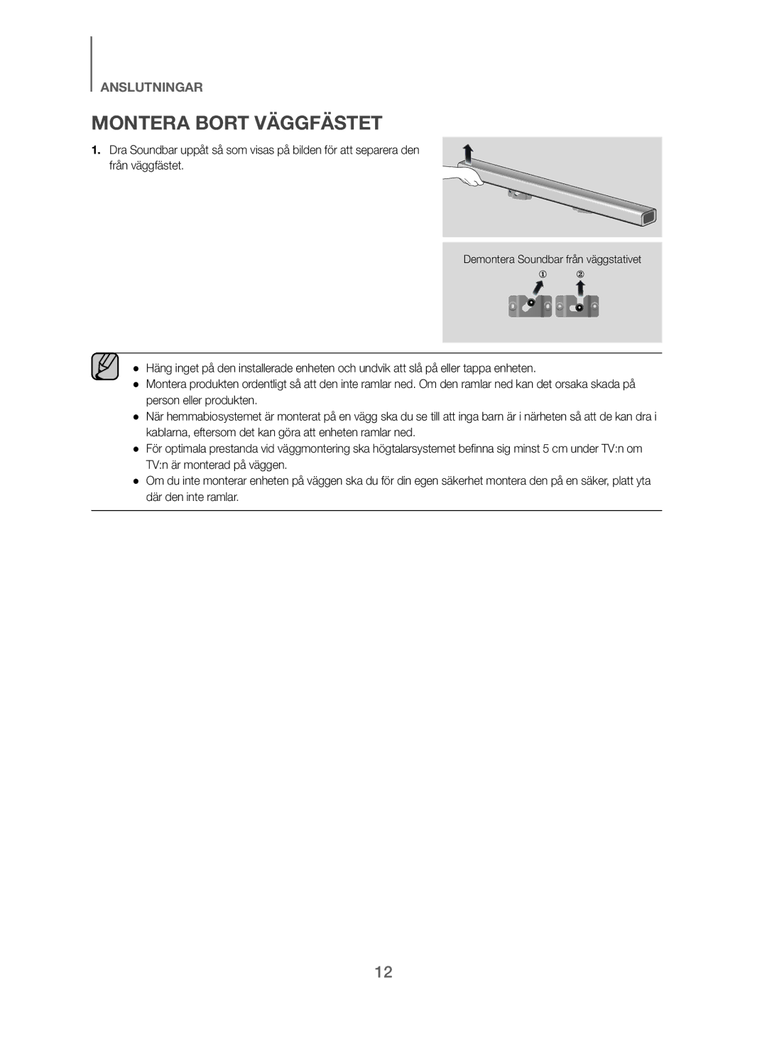 Samsung HW-J260/XE manual Montera Bort Väggfästet 