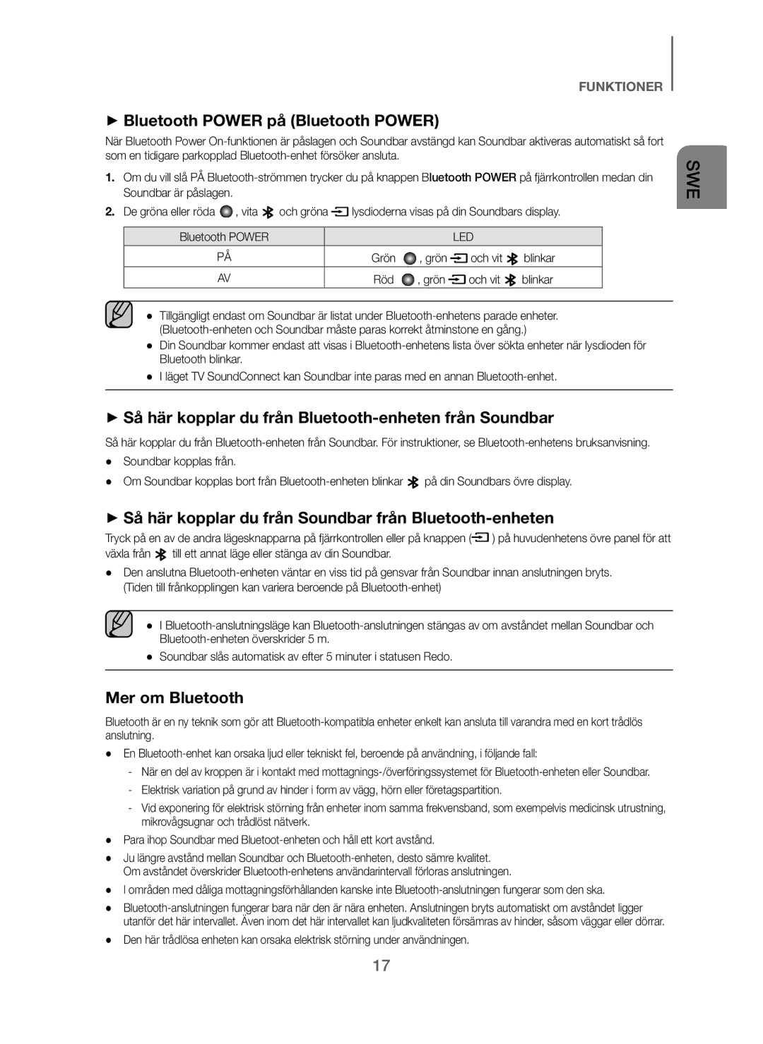 Samsung HW-J260/XE manual + Bluetooth Power på Bluetooth Power, + Så här kopplar du från Bluetooth-enheten från Soundbar 