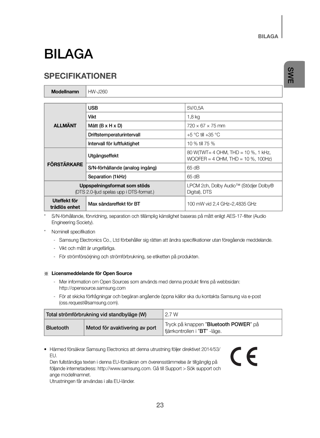 Samsung HW-J260/XE manual Bilaga, Specifikationer, Modellnamn, Licensmeddelande för Open Source 